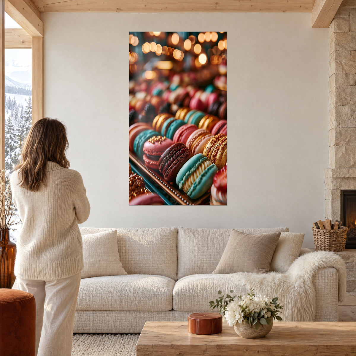 Cuadro macarons turquesa y burdeos en hilera, bokeh dorado, mujer de espaldas, sobre un sofá en un salón luminoso