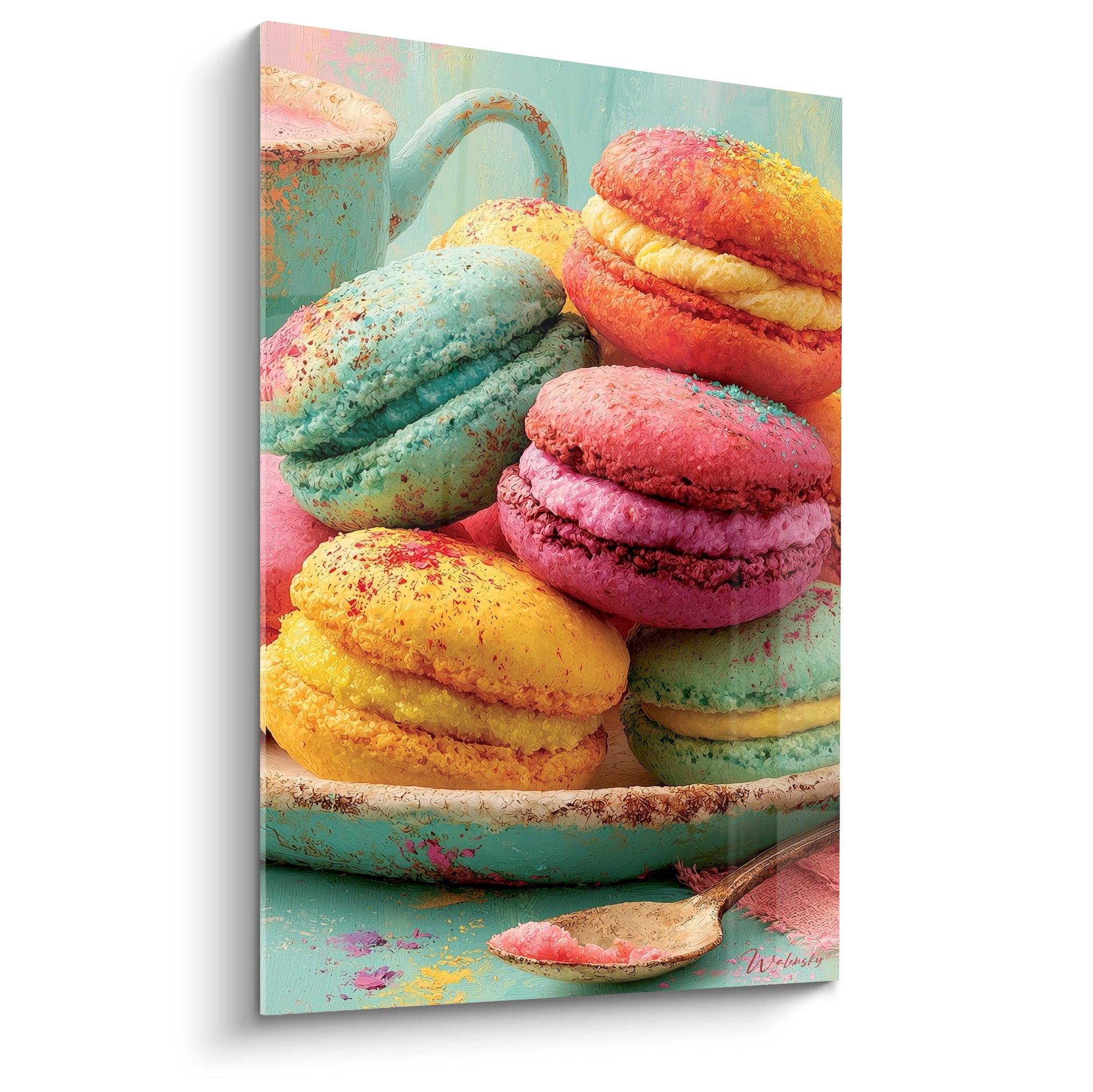 Macarons empilés rose fuchsia et turquoise pastel, texture granuleuse peinte avec relief
