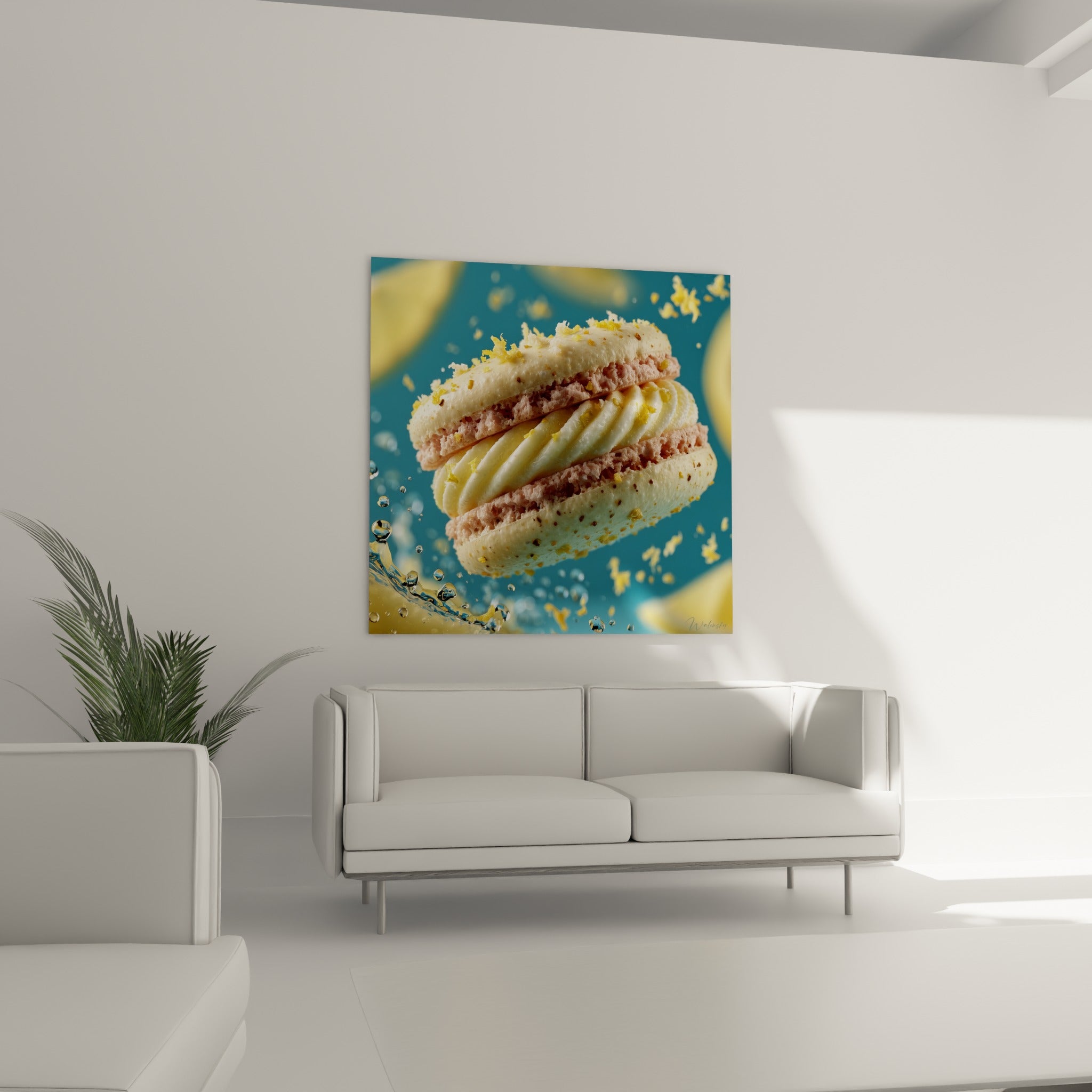 Douceur sucrée rose et jaune sur fond bleu turquoise accrochée au-dessus d'un canapé dans un salon lumineux