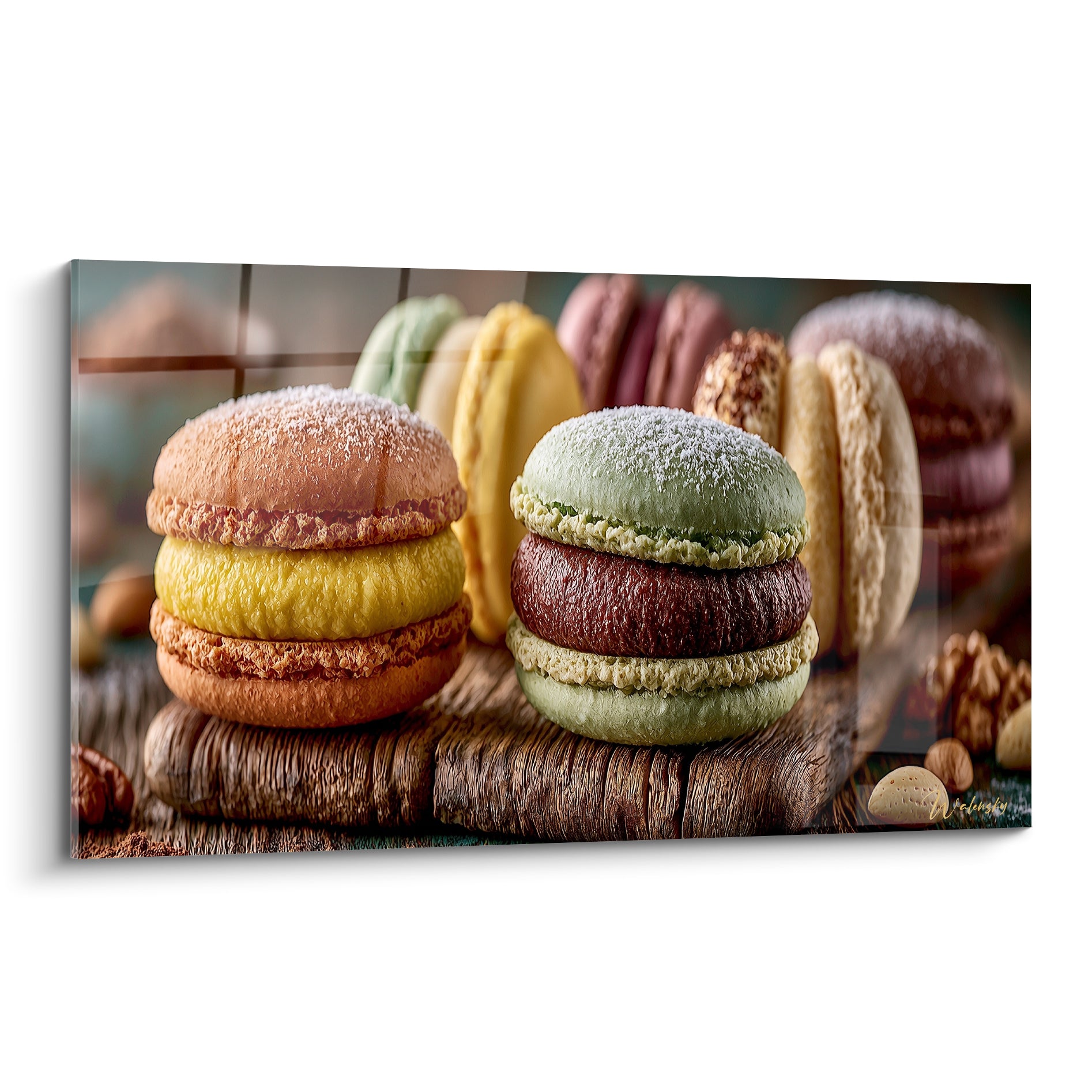 Macarons rose poudré et vert sauge empilés sur bûche de bois texturée