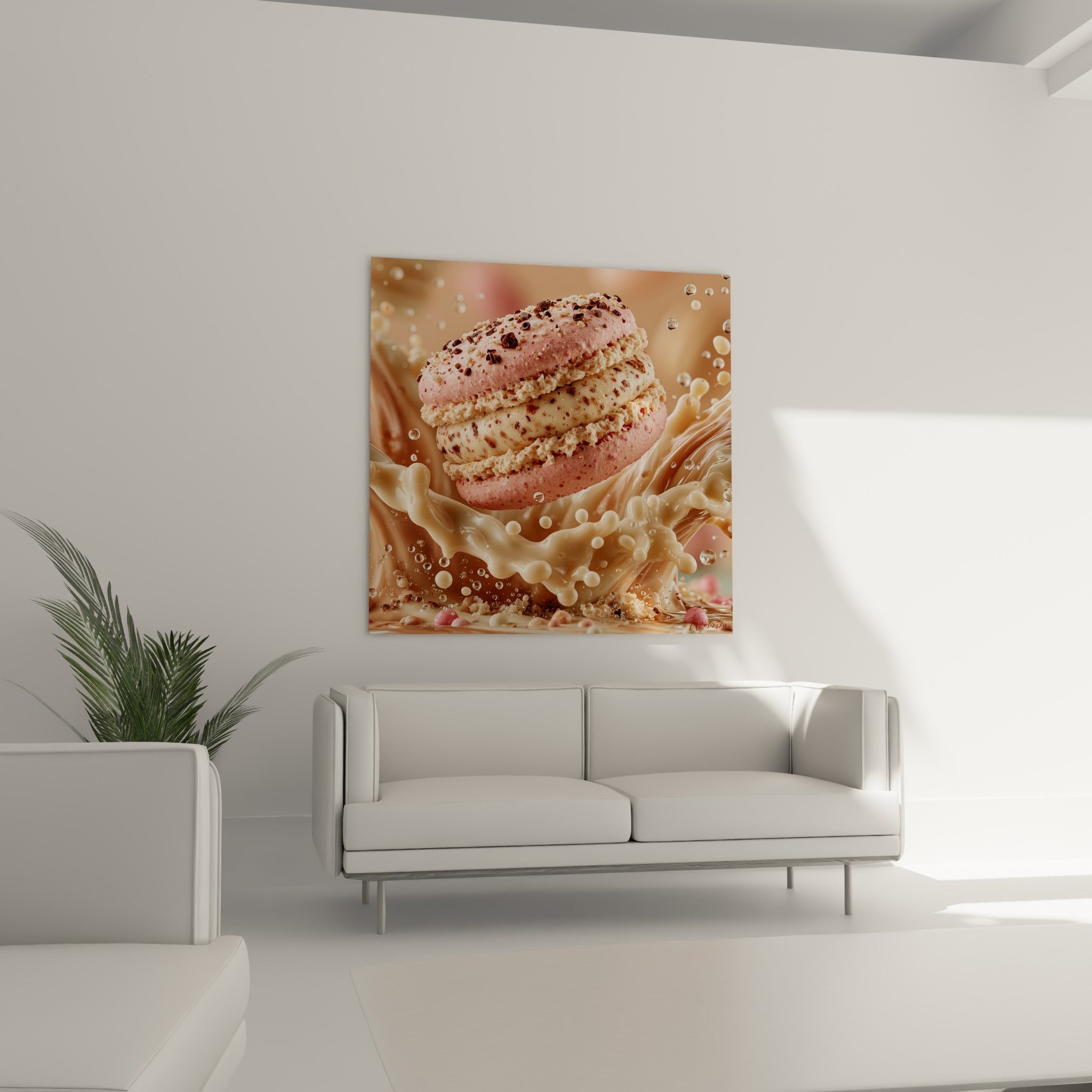 Macaron crème et rose vif éclaboussé de gouttelettes, accroché au-dessus d'un canapé dans un salon lumineux