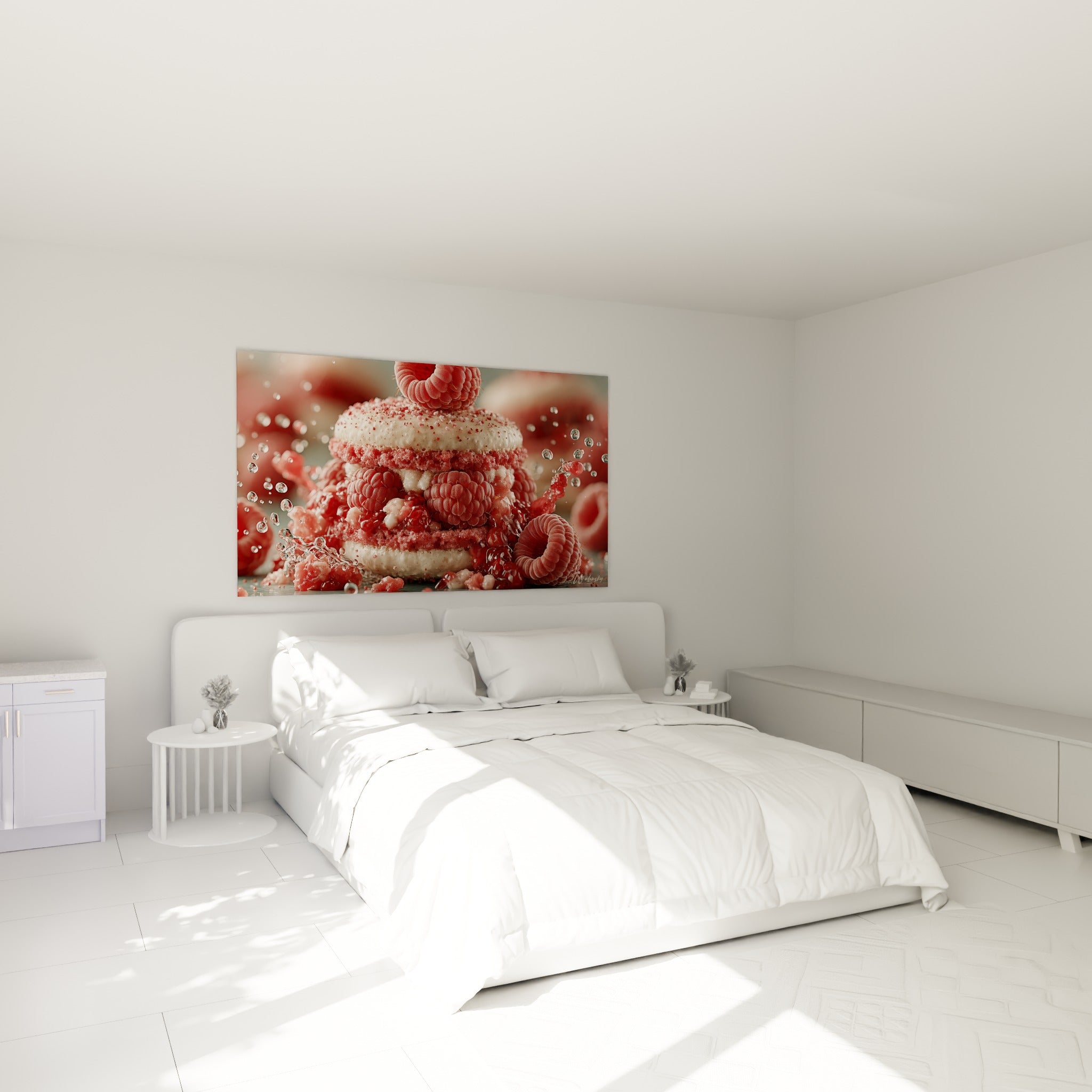 Macaron framboise et crème blanche éclaboussé de gouttes, accroché au-dessus d'un lit dans une chambre claire