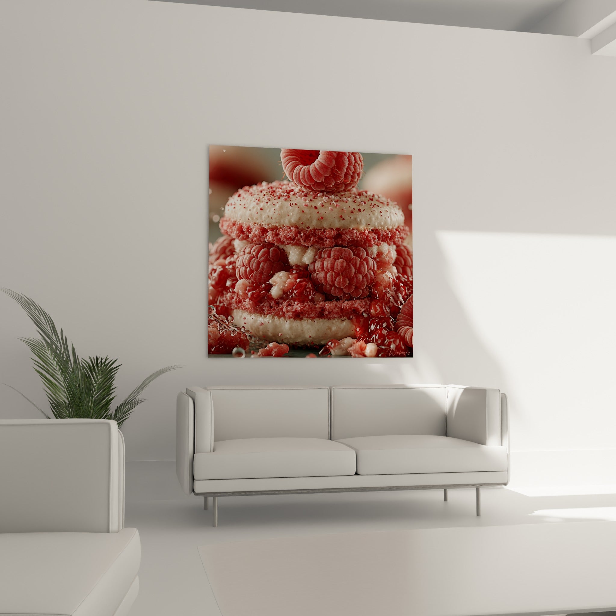 Coque crème et granulés rouges du macaron framboise au-dessus d'un canapé dans un salon lumineux
