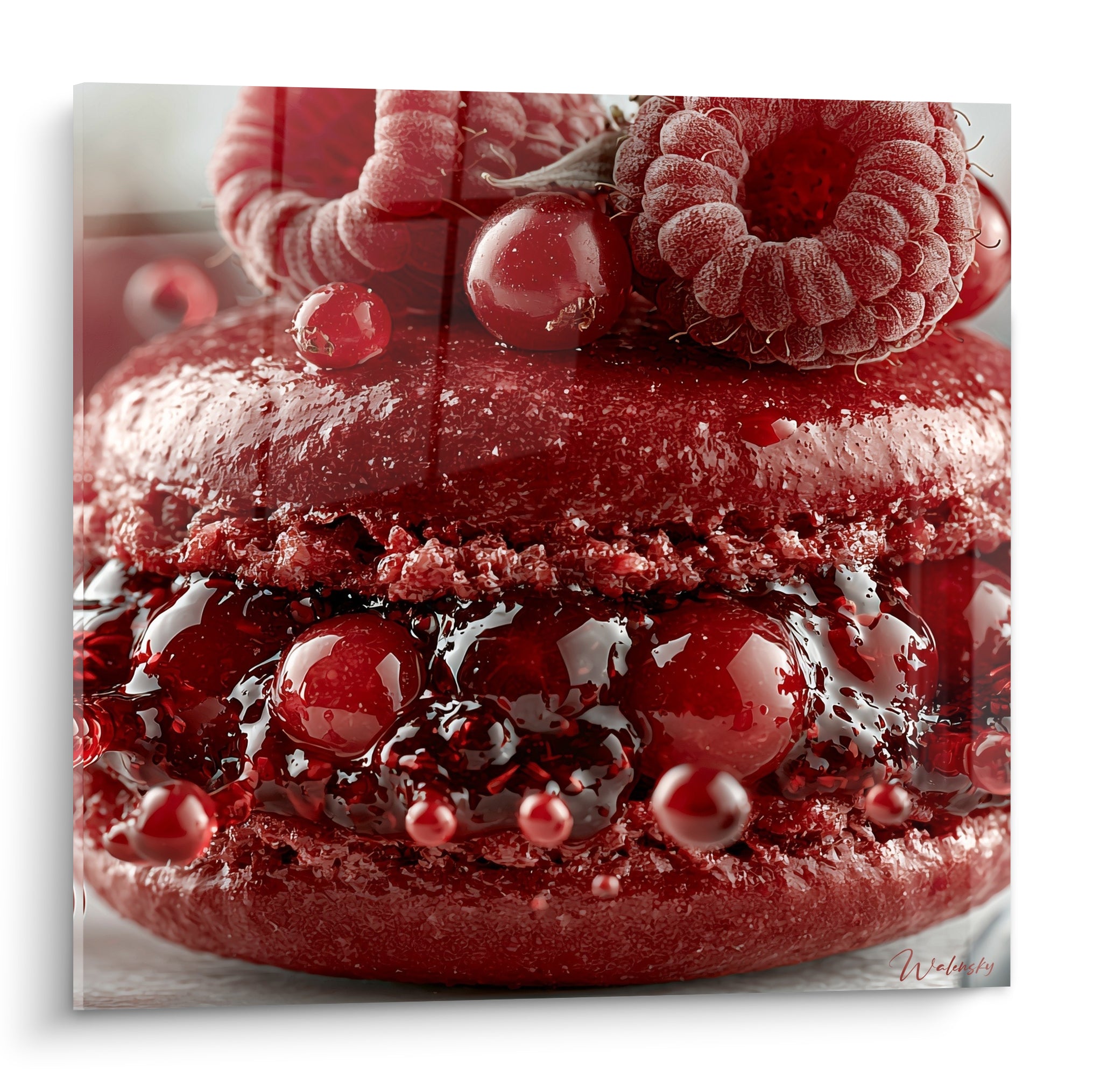 Macaron rouge grenat en gros plan avec garniture gelée et framboises givrées brillantes
