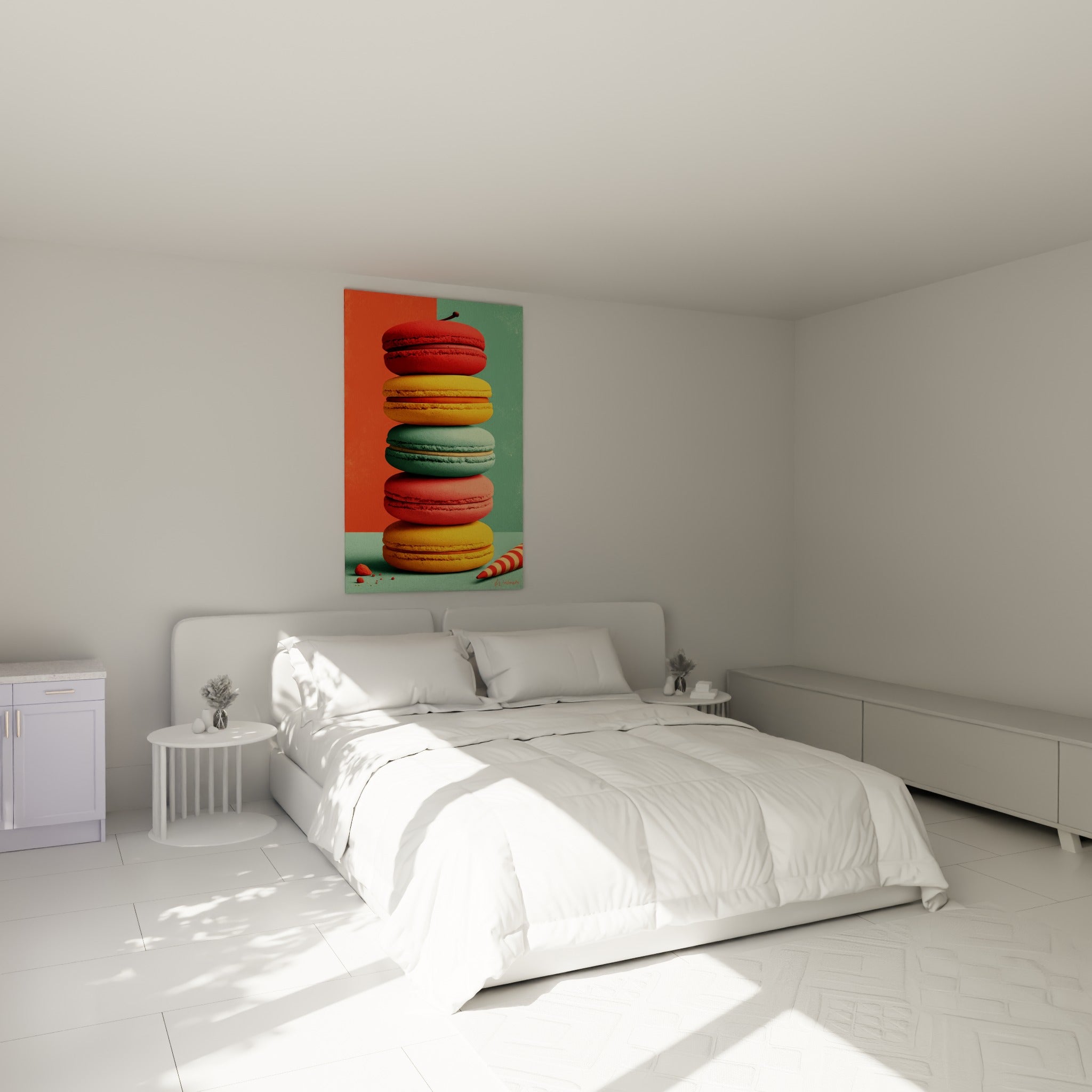 Pile de macarons colorés rouge et jaune au-dessus d'un lit dans une chambre claire