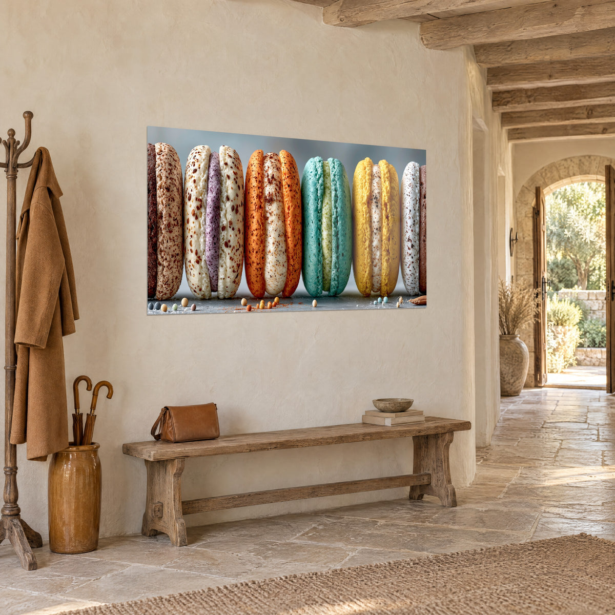 Tableau rangée de macarons turquoise, orange et jaune citron, mouchetures brunes, sur un mur crépi, maison de campagne en pierre