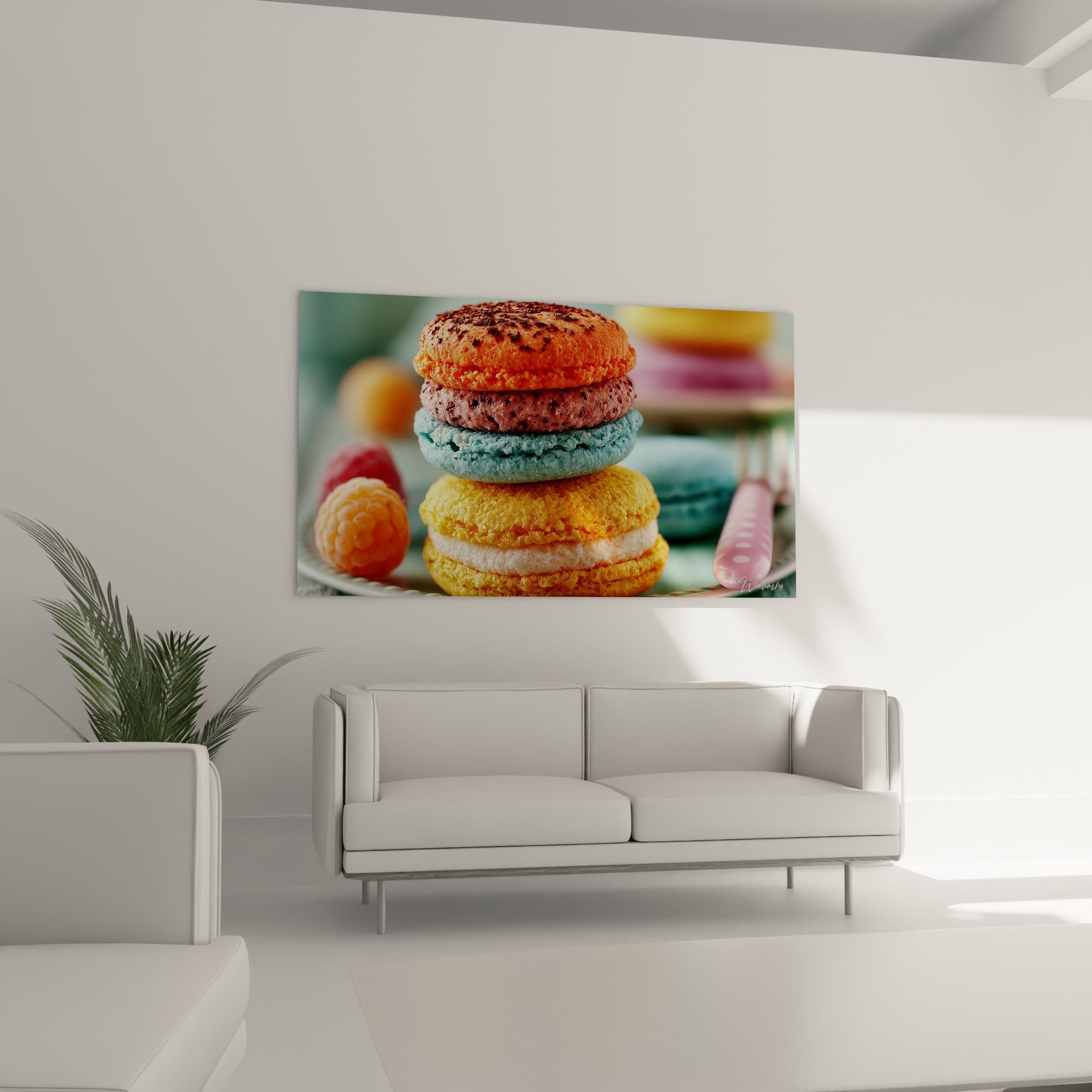 Pile de macarons orangé et framboise disposée au-dessus d'un canapé dans un salon lumineux