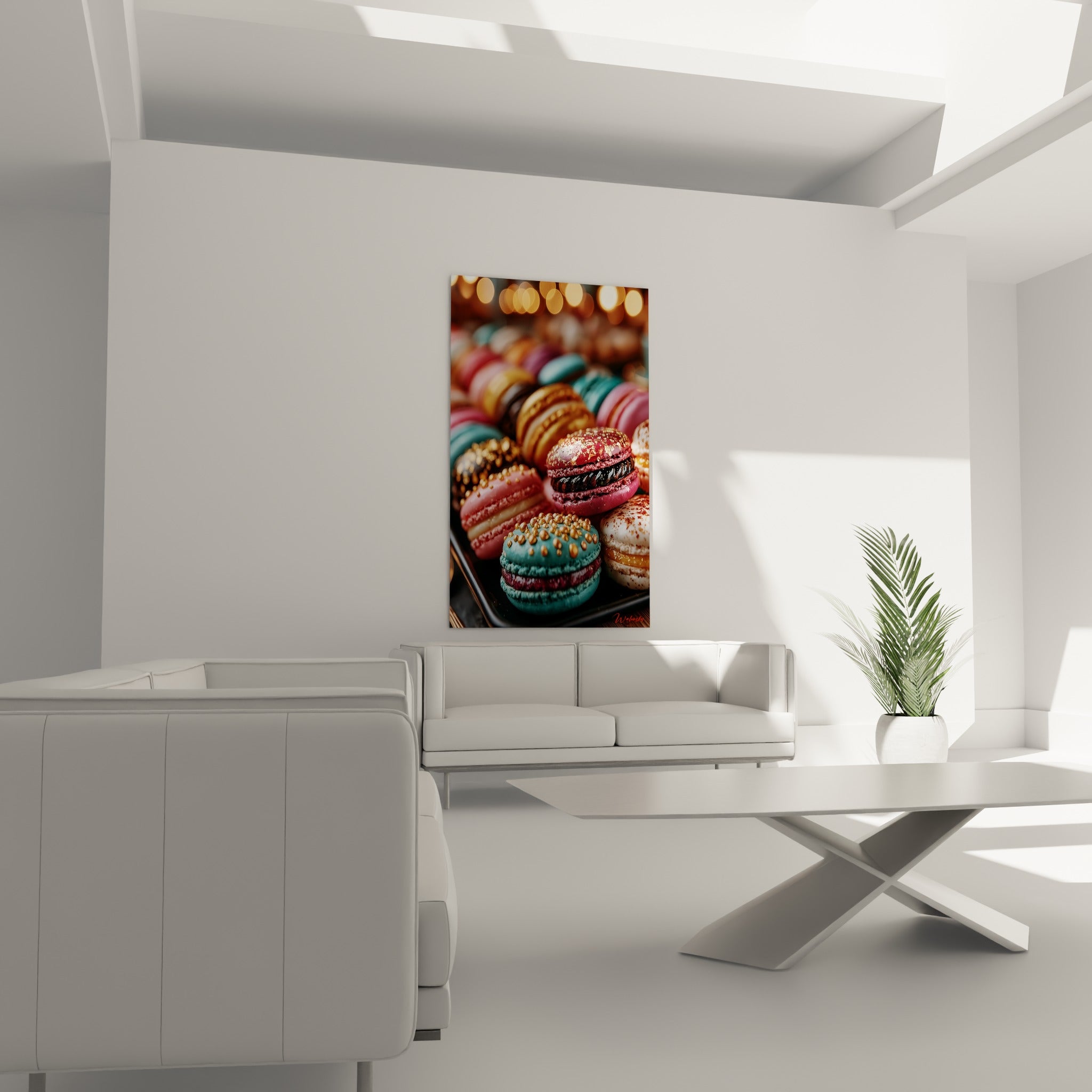 Pâtisseries colorées turquoise et bordeaux ornées d'éclats dorés au-dessus d'un canapé dans un salon lumineux