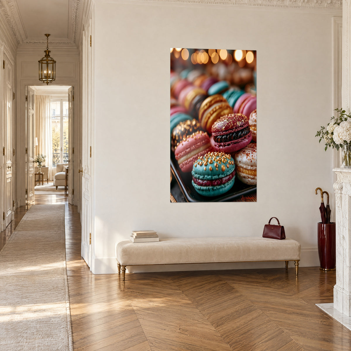 Tableau pâtisseries françaises bordeaux et turquoise parsemées de paillettes dorées, vue de trois-quarts dans un couloir parquet