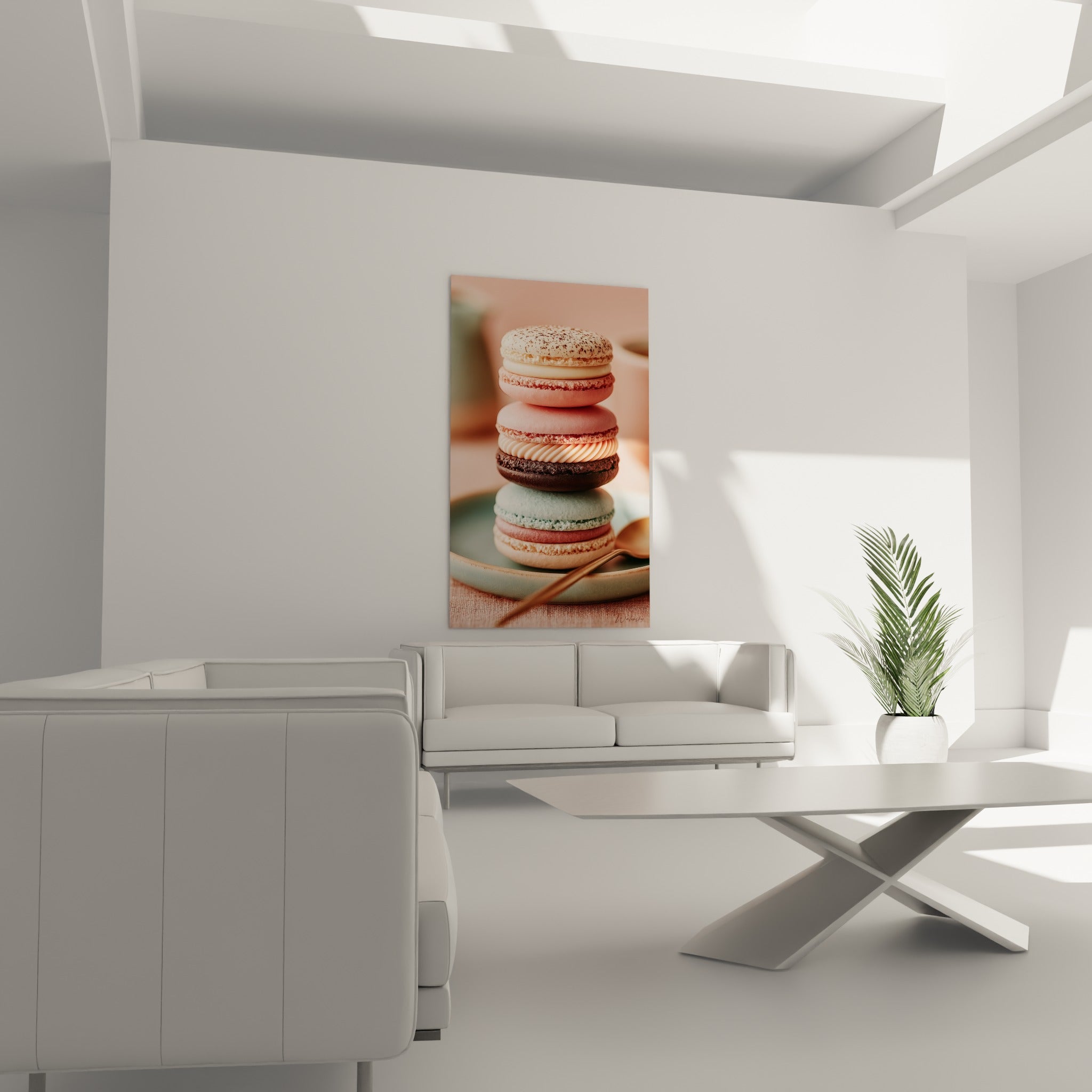 Macarons pastel et chocolat en pile gourmande, au-dessus d'un canapé dans un salon lumineux