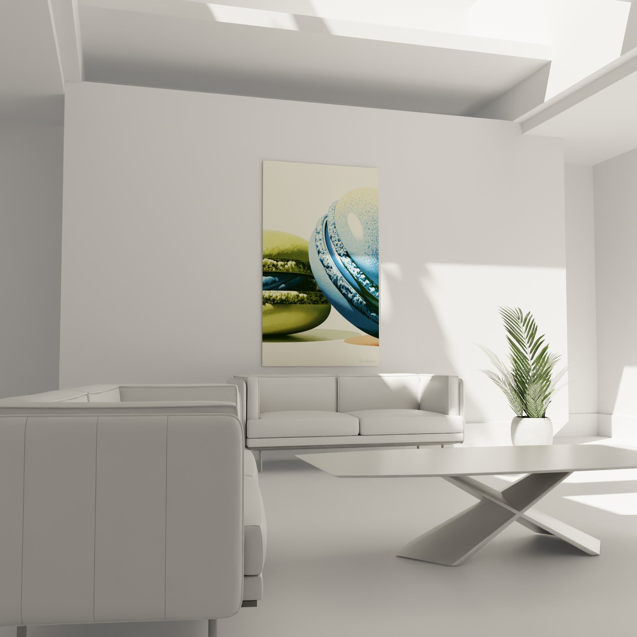 Macarons bleu pastel et vert olive graphiques, suspendus au-dessus d'un canapé dans un salon lumineux