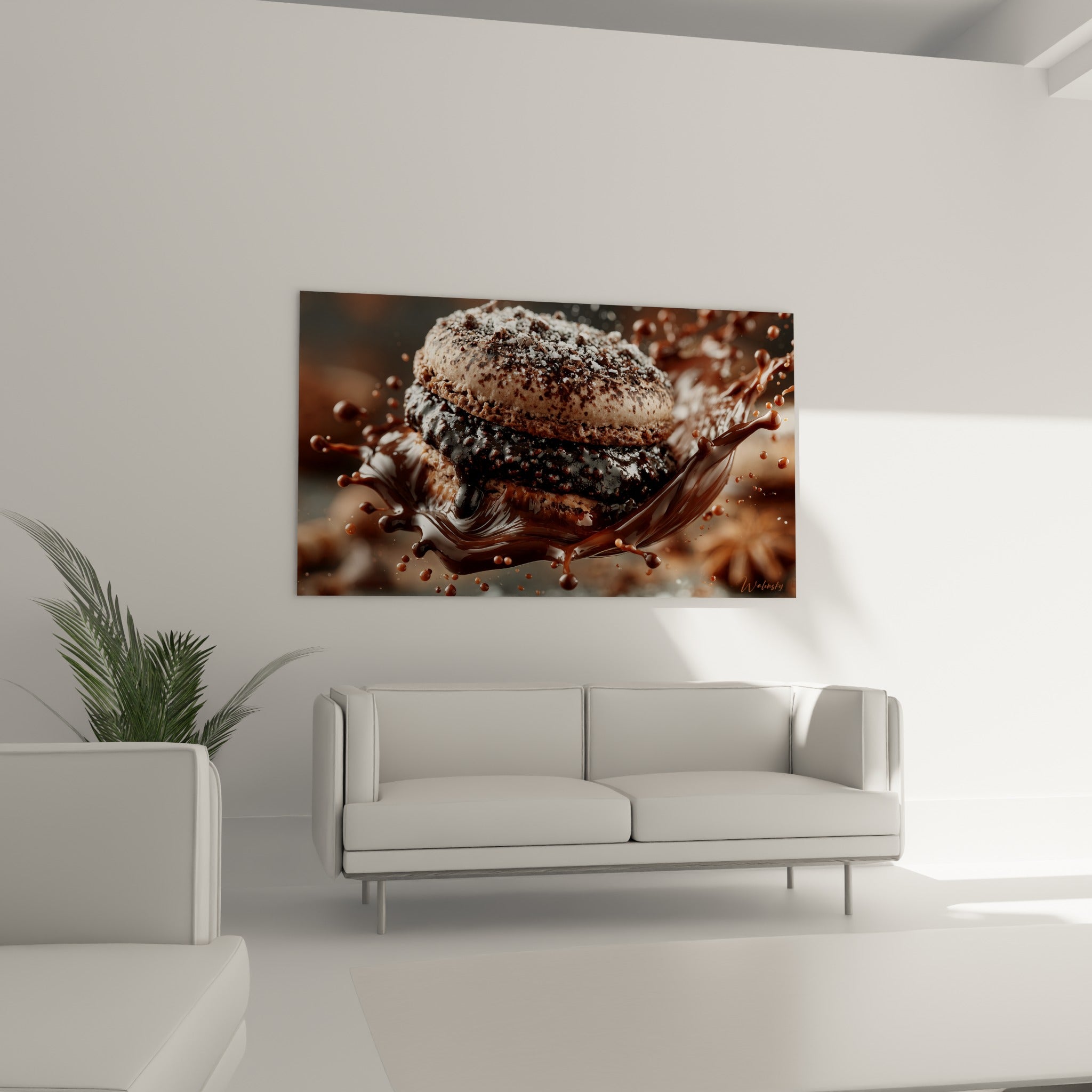 Coulures brunes et coque beige d'un macaron gourmand, au-dessus d'un canapé dans un salon lumineux