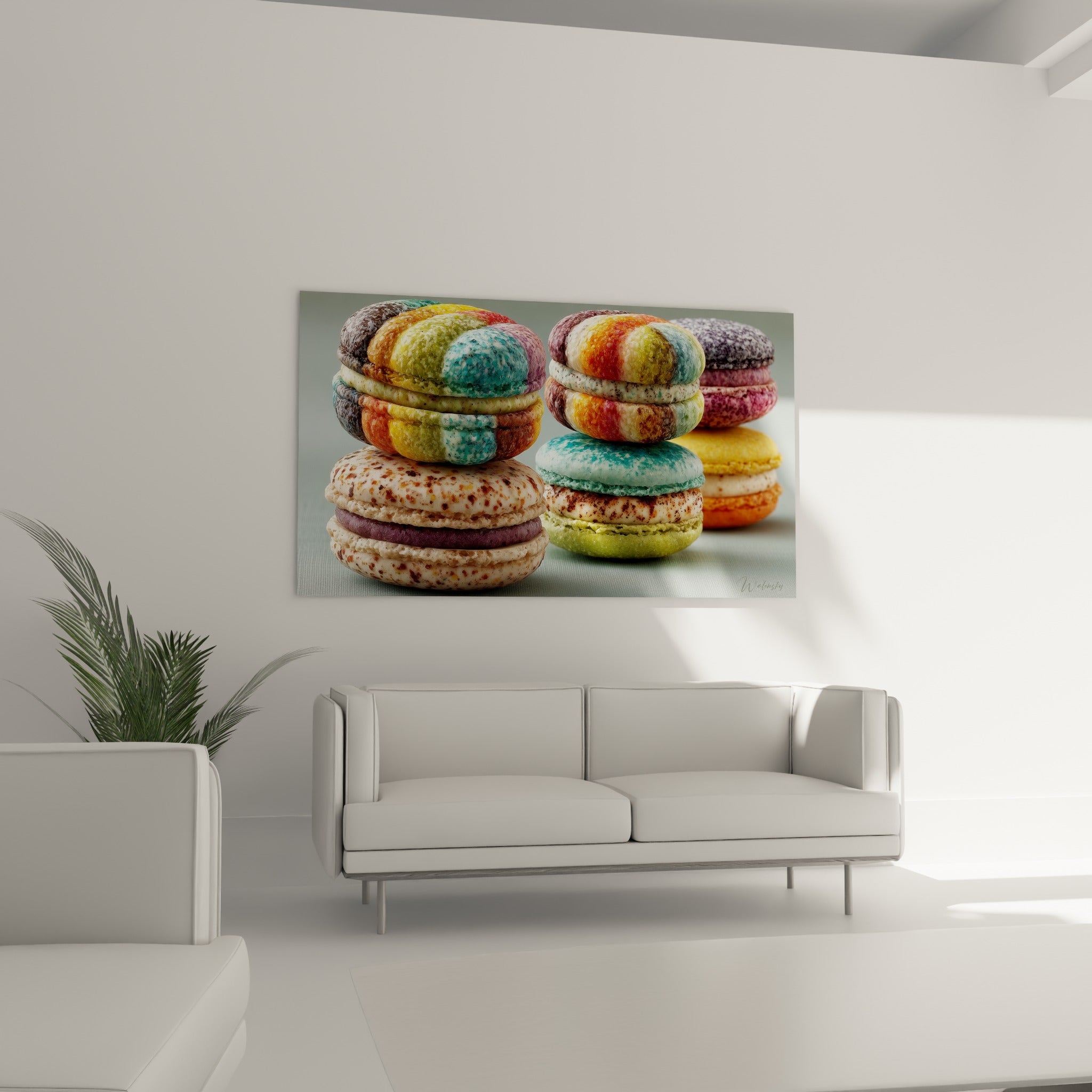 Macarons empilés safran et vert olive accrochés au-dessus d'un canapé dans un salon lumineux