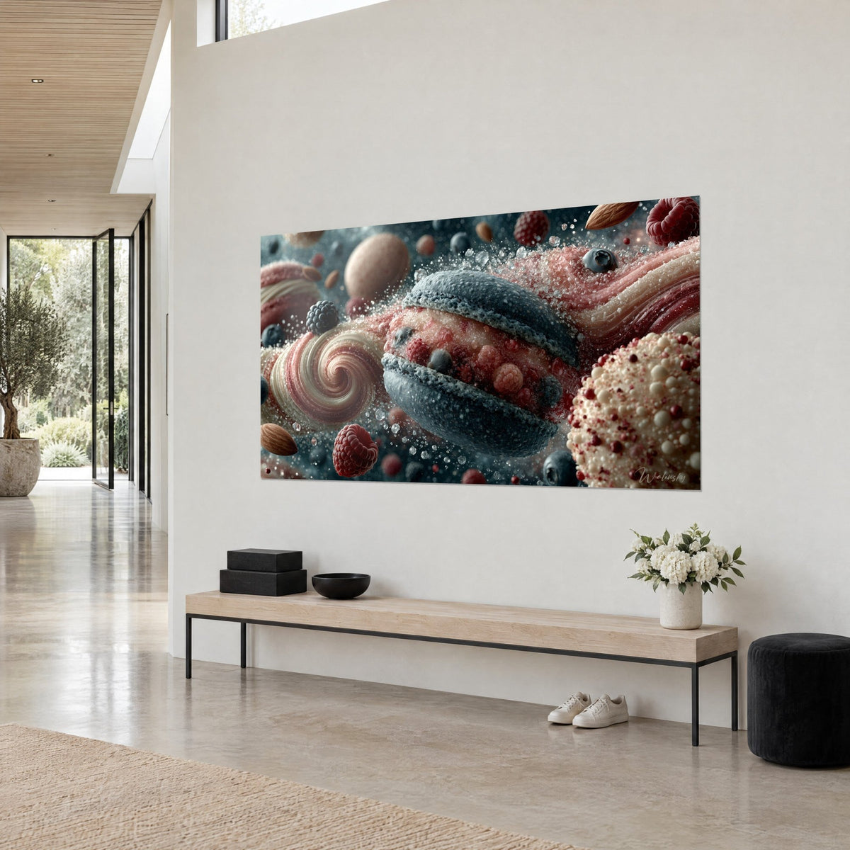 Wall art grey-blue macaron shell filled with raspberries, pink and cream swirls, three-quarter view, light wood bench