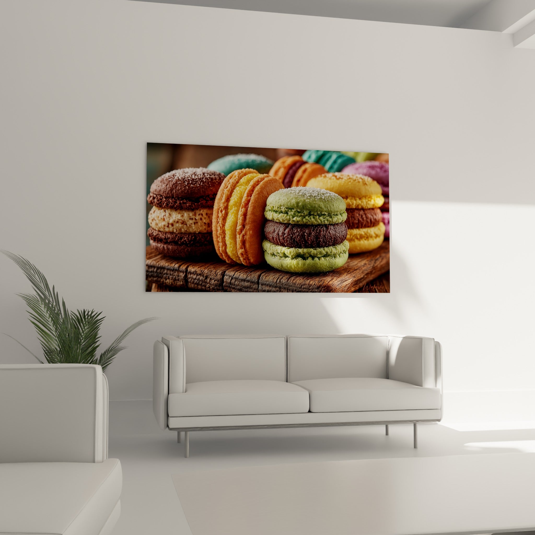 Macarons orange et bordeaux surmontés de sucre glace au-dessus d'un canapé dans un salon lumineux