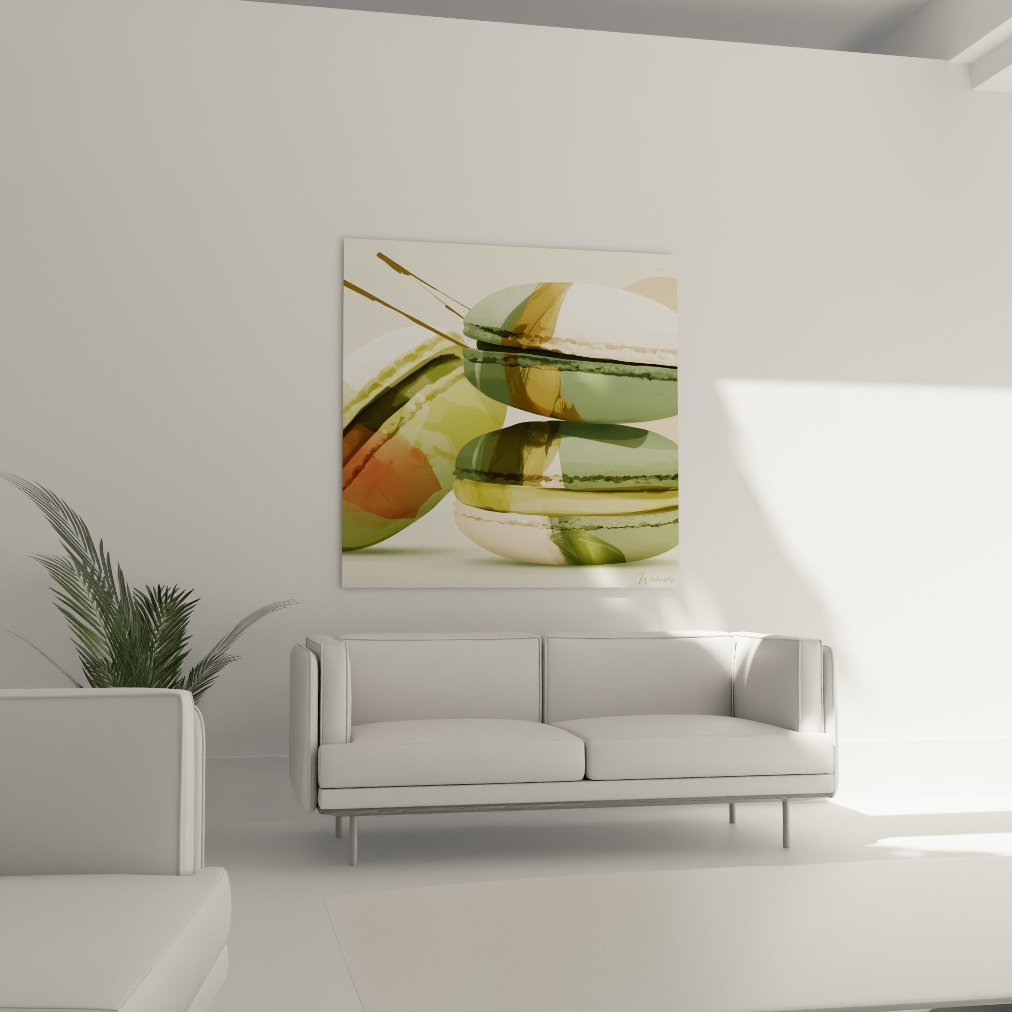 Macarons ocre et vert sauge aux coques craquelées, accrochés au-dessus d'un canapé dans un salon lumineux