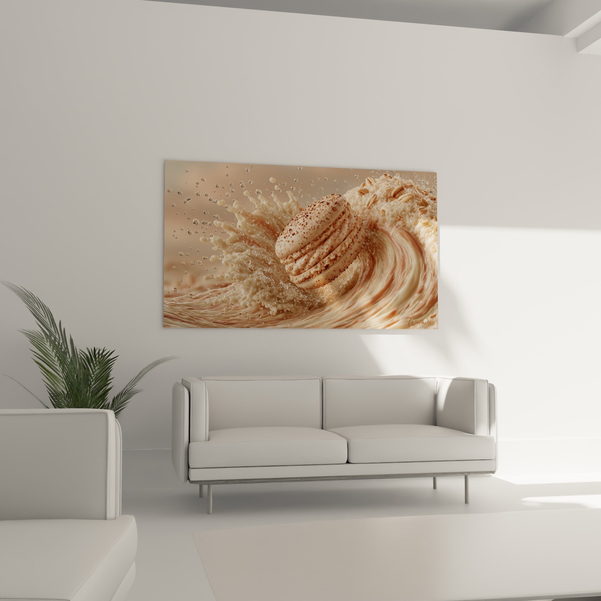 Douceur pâtissière beige émergeant d'une vague crémeuse, au-dessus d'un canapé dans un salon lumineux