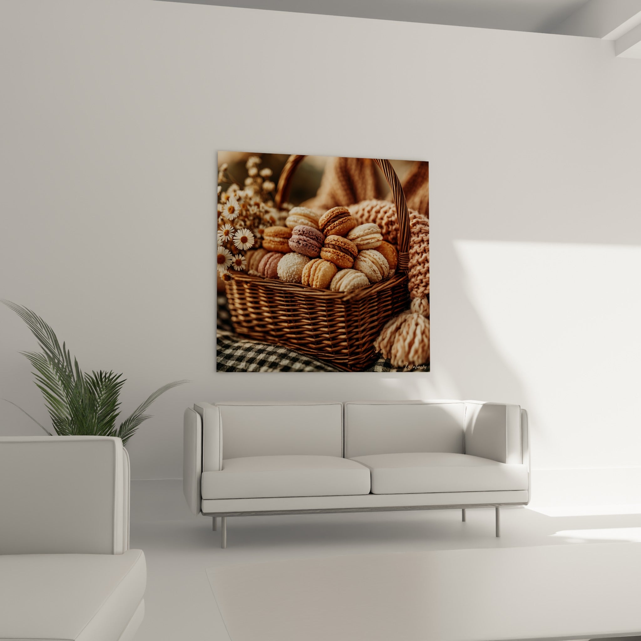 Macarons terracotta et beige dans un osier tressé accrochés au-dessus d'un canapé dans un salon lumineux