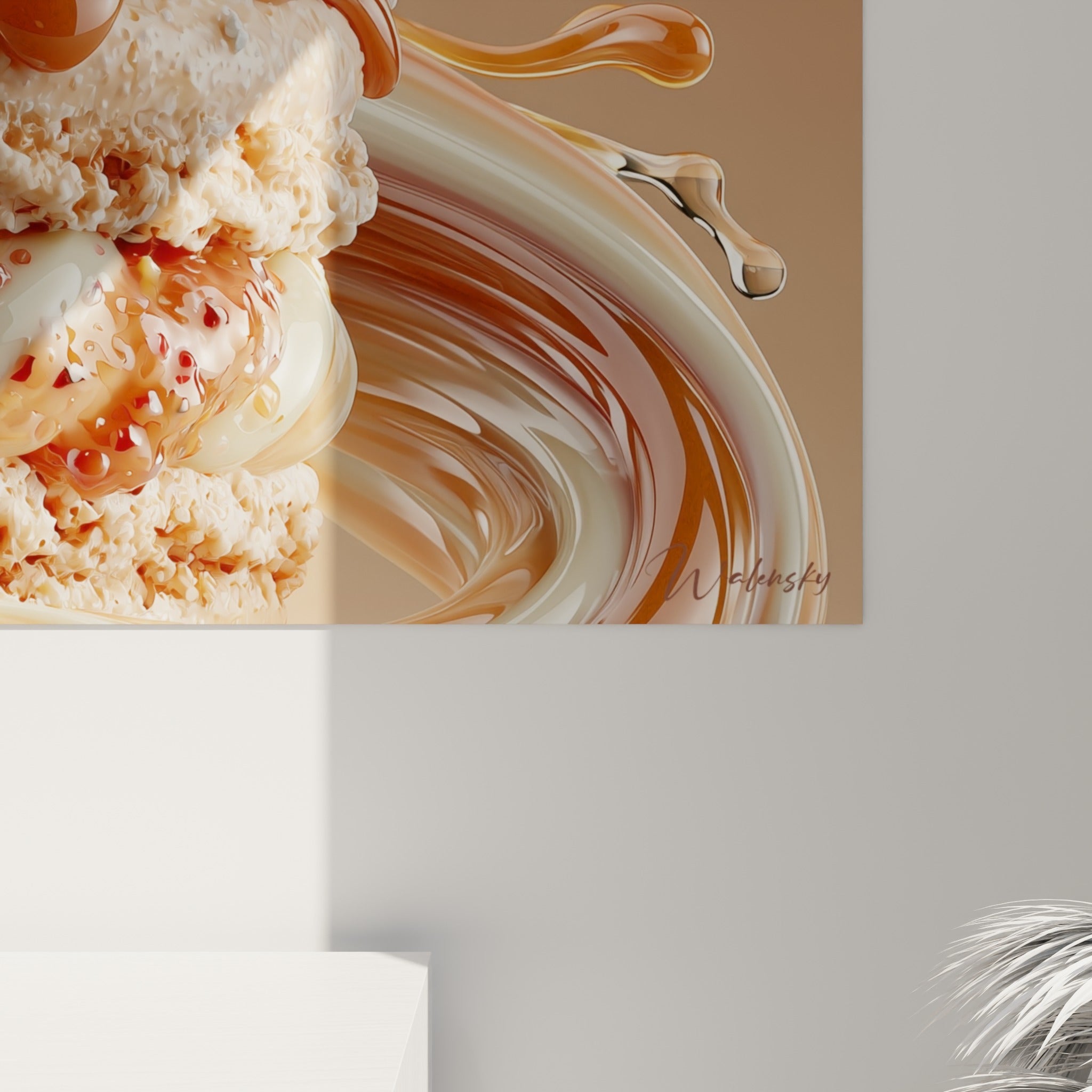 Empâtements de caramel brillant et coulures cuivrées visibles en gros plan sur la toile du macaron