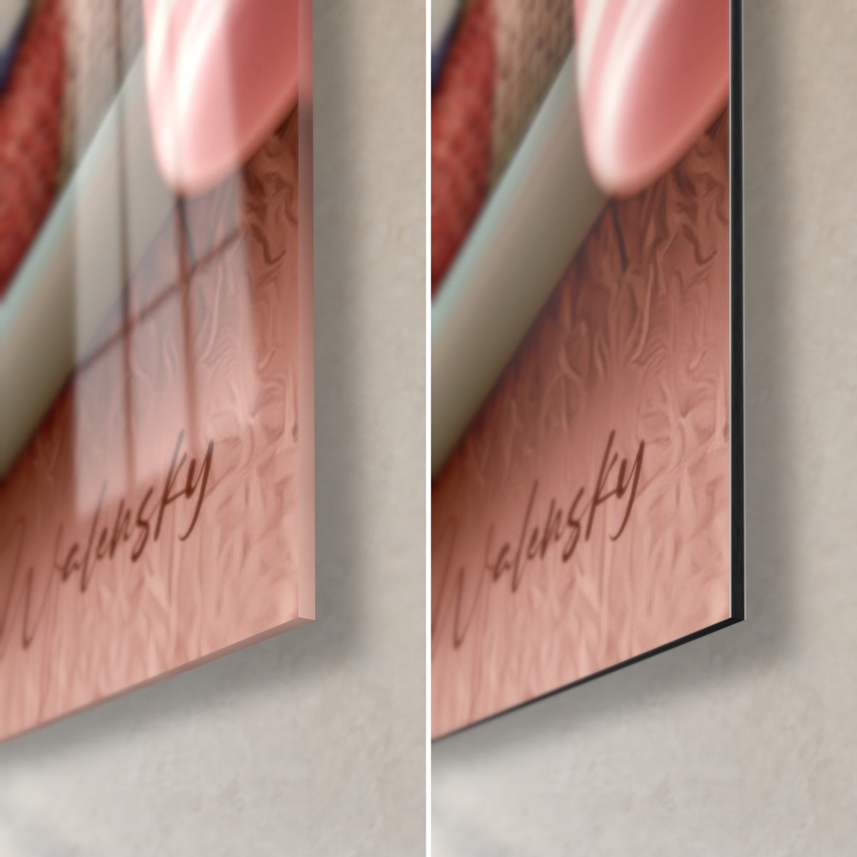 Cuadro Torre de macarons, esquina inferior derecha: canto de 3 mm, cristal brillante con reflejos, Dibond mate, fondo rosa salmón