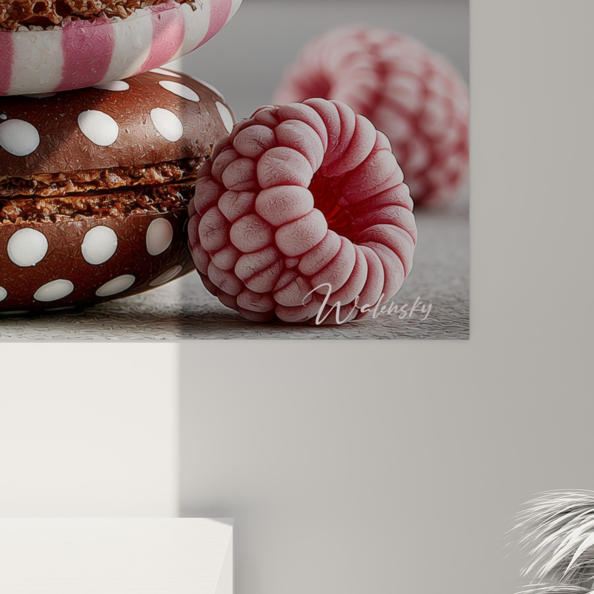 Détail des macarons montrant le grain crémeux rose et les rayures brunes glacées à la main