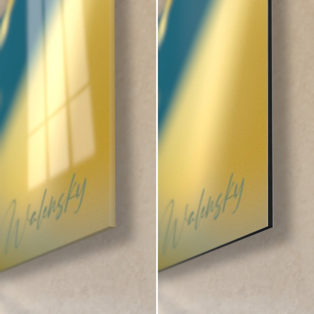 Tableau macaron citronné, coin bas droit : verre acrylique brillant à gauche, alu Dibond mat à droite, tranche noire, reflets jaunes
