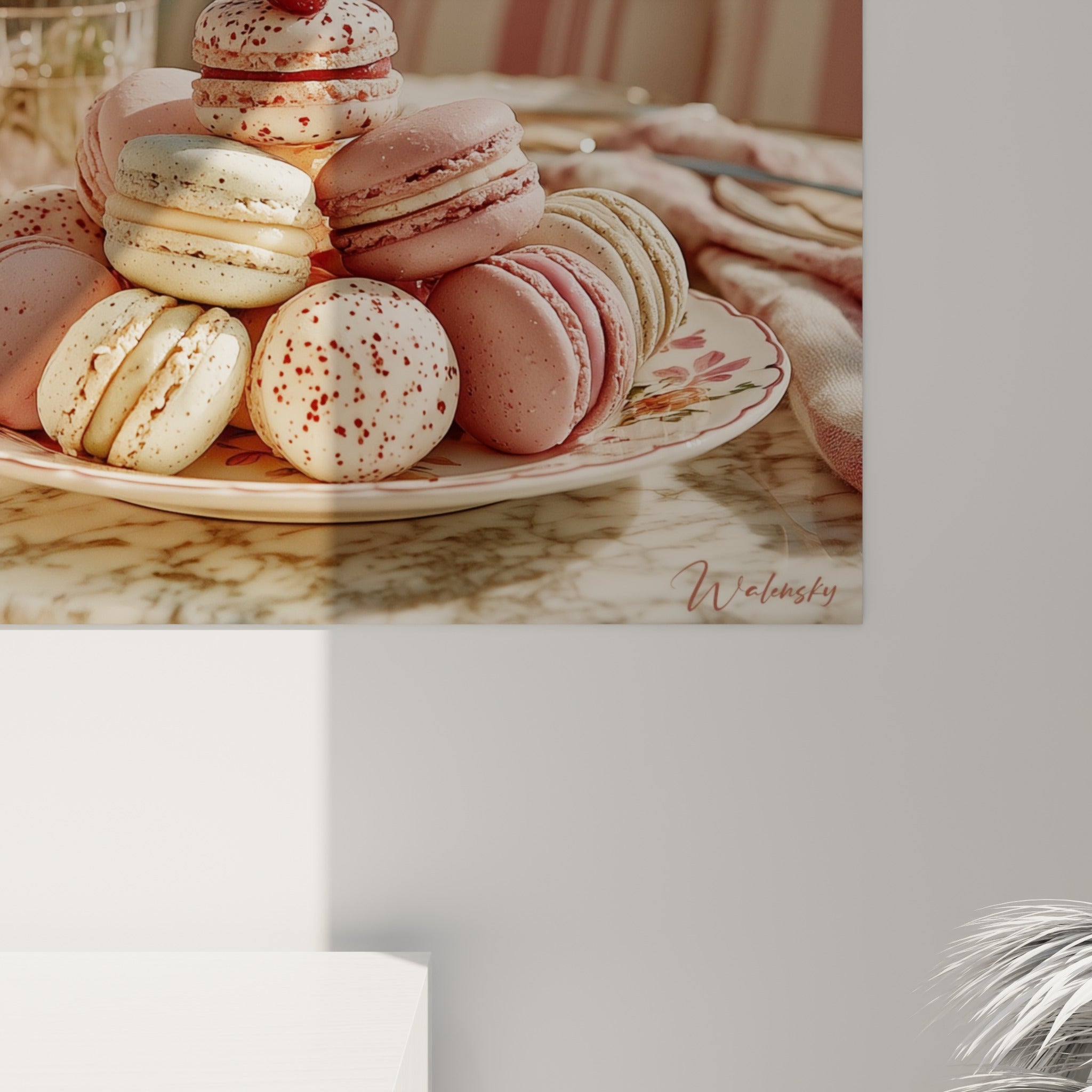 Détail des macarons mouchetés roses et verts, texture granuleuse et coulures de crème visibles