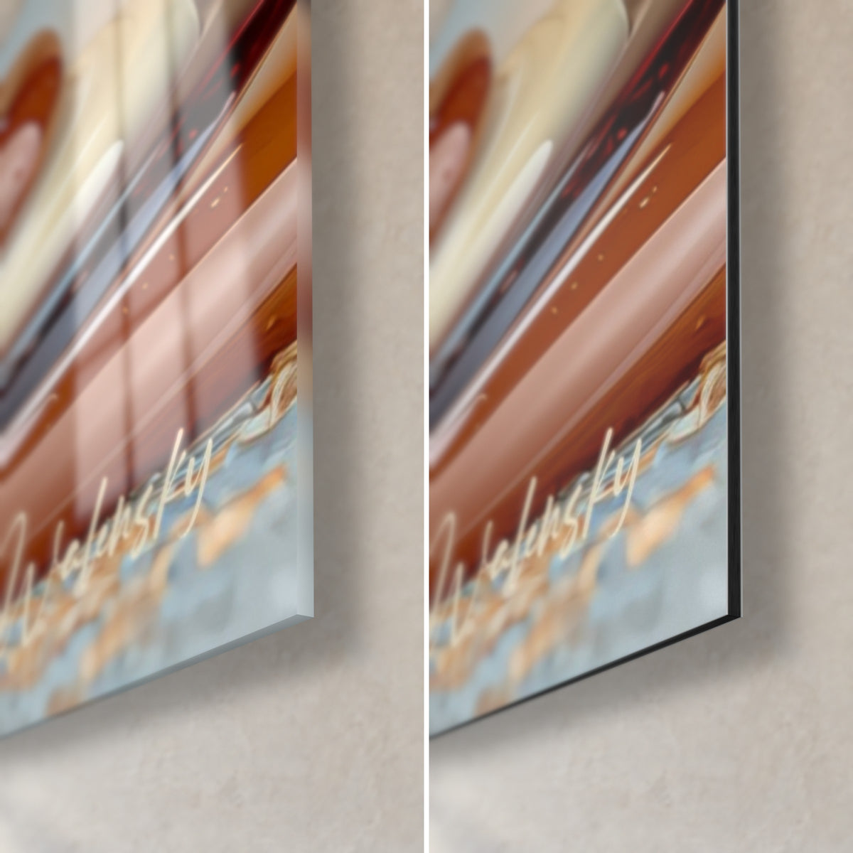 Quadro macaron a spirale, angolo in basso a destra: vetro acrilico lucido con riflessi, alluminio Dibond nero opaco, spessore 3 mm