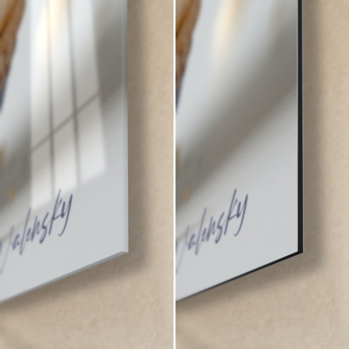 Wall art lilac macaron, bottom right corner: glossy acrylic glass with reflections, matte black Dibond aluminium, 3 mm edge