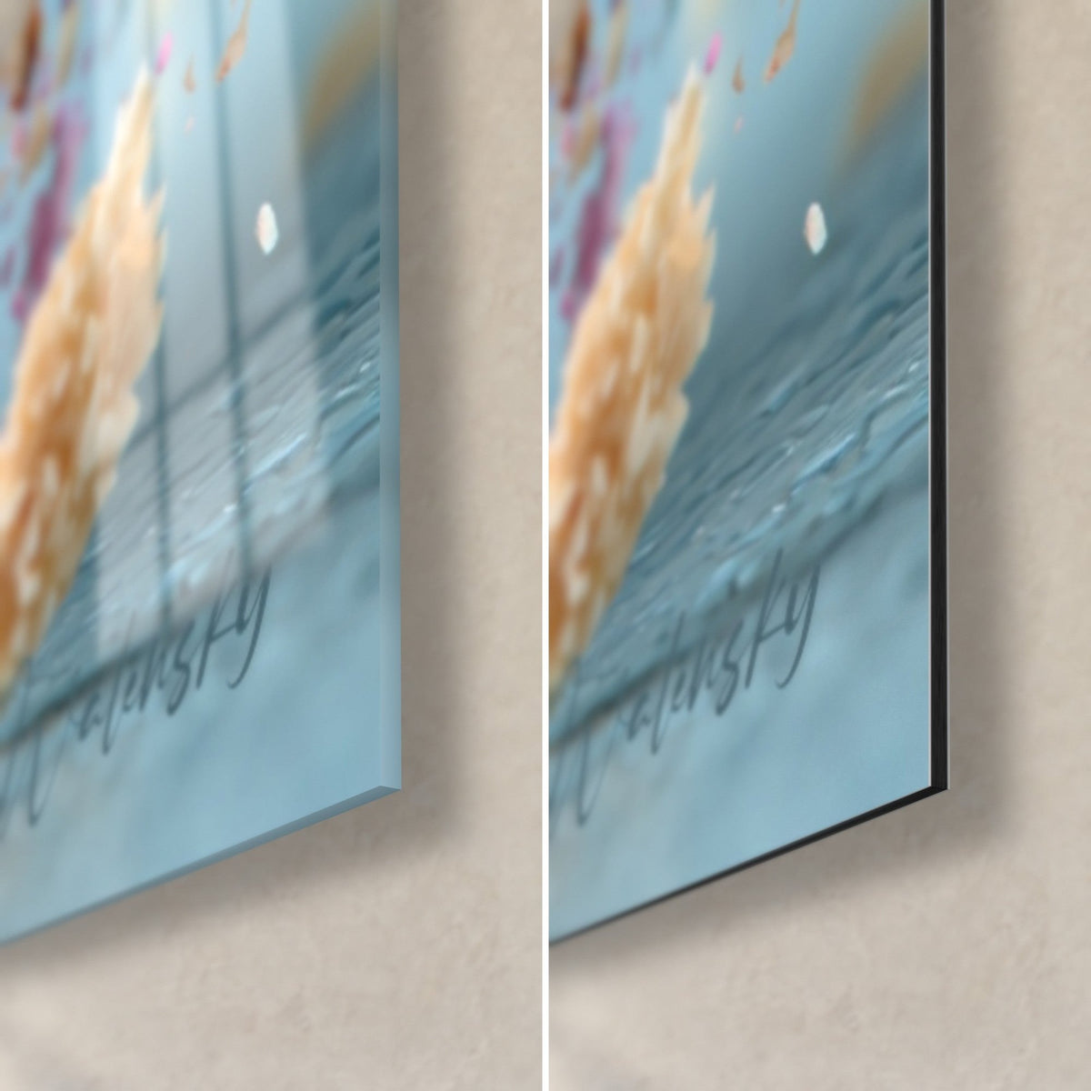 Tableau gâteau multicolore, coin bas droit : verre acrylique brillant à gauche, alu Dibond mat à droite, fond bleu ciel, tranche de 3 mm