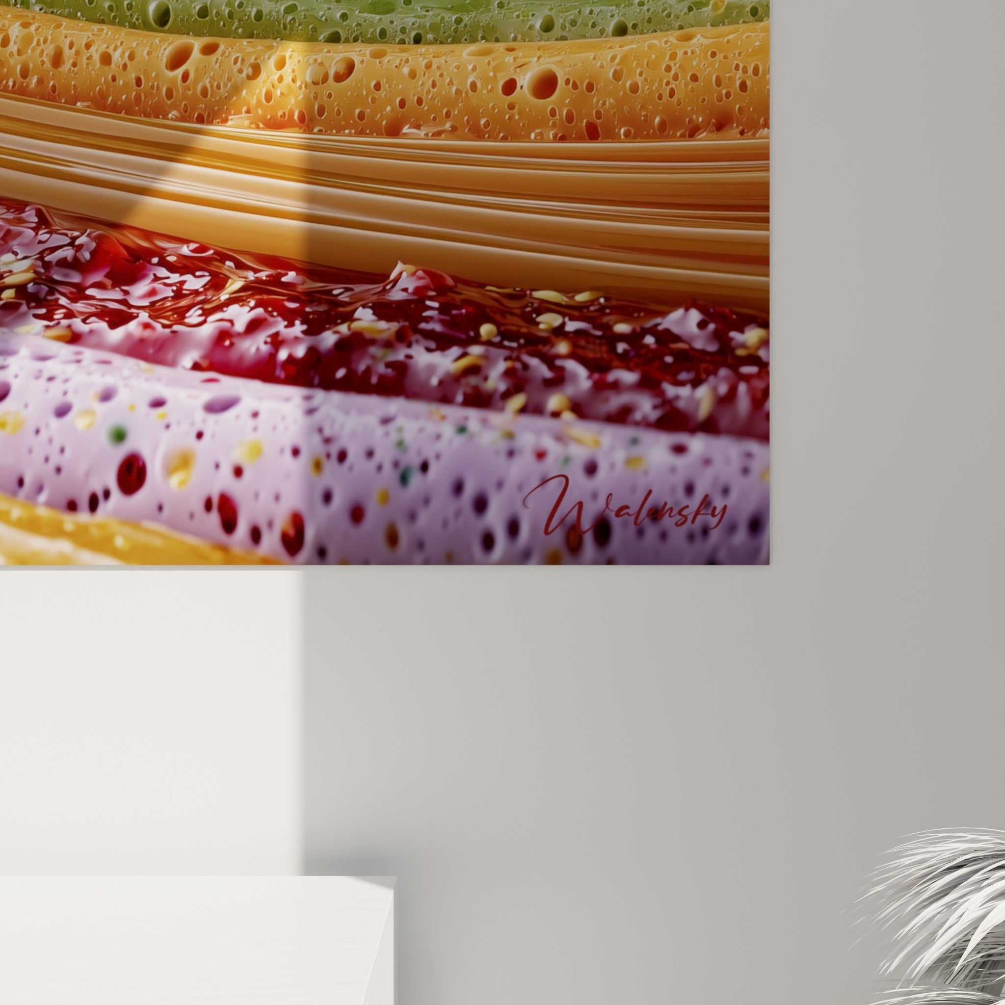 Texture granuleuse des macarons pastel et brillance du caramel doré vue de près sur la toile accrochée