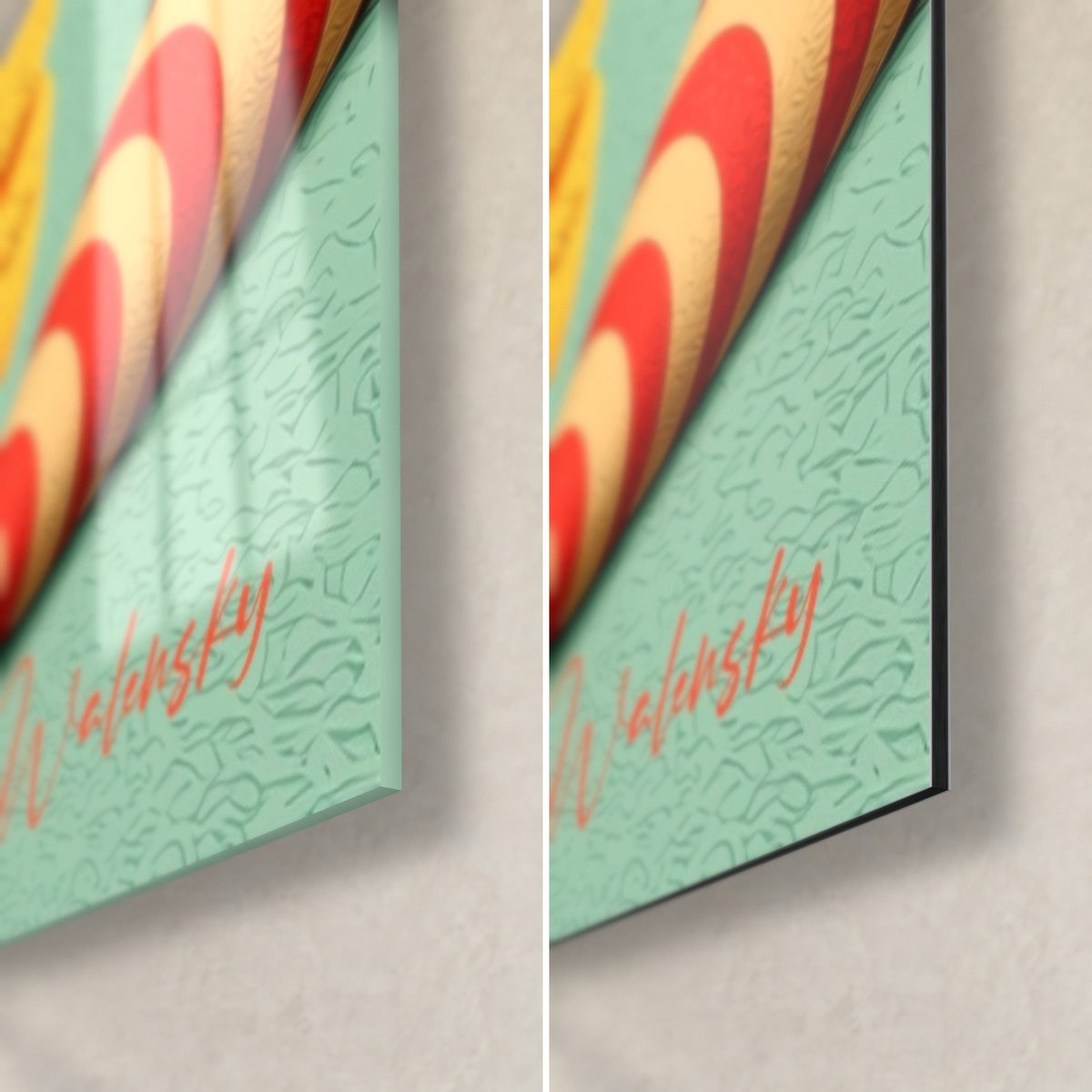Tableau macarons empilés, coin bas droit : verre acrylique brillant et reflets à gauche, alu Dibond mat à droite, tranche de 3 mm
