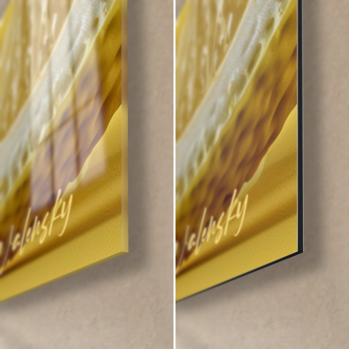 Tableau macaron jaune citron, coin bas droit : verre acrylique brillant à gauche, alu Dibond mat à droite, tranche de 3 mm