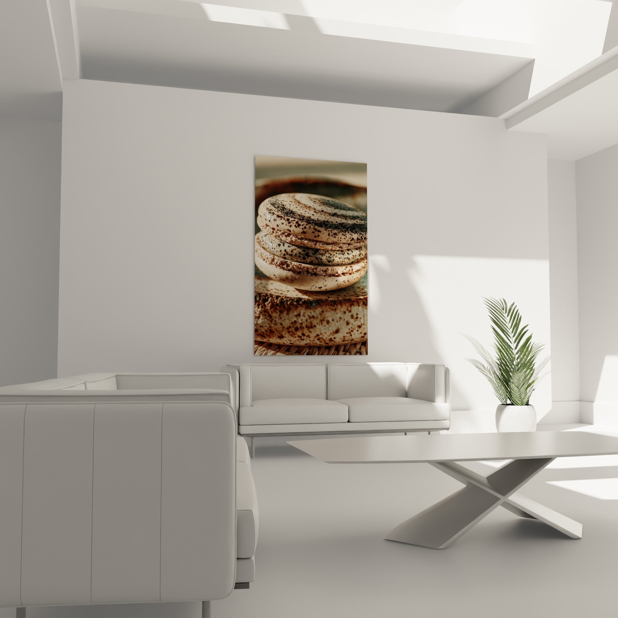 Macarons tachetés aux tons ocre et brun torréfié au-dessus d'un canapé dans un salon lumineux