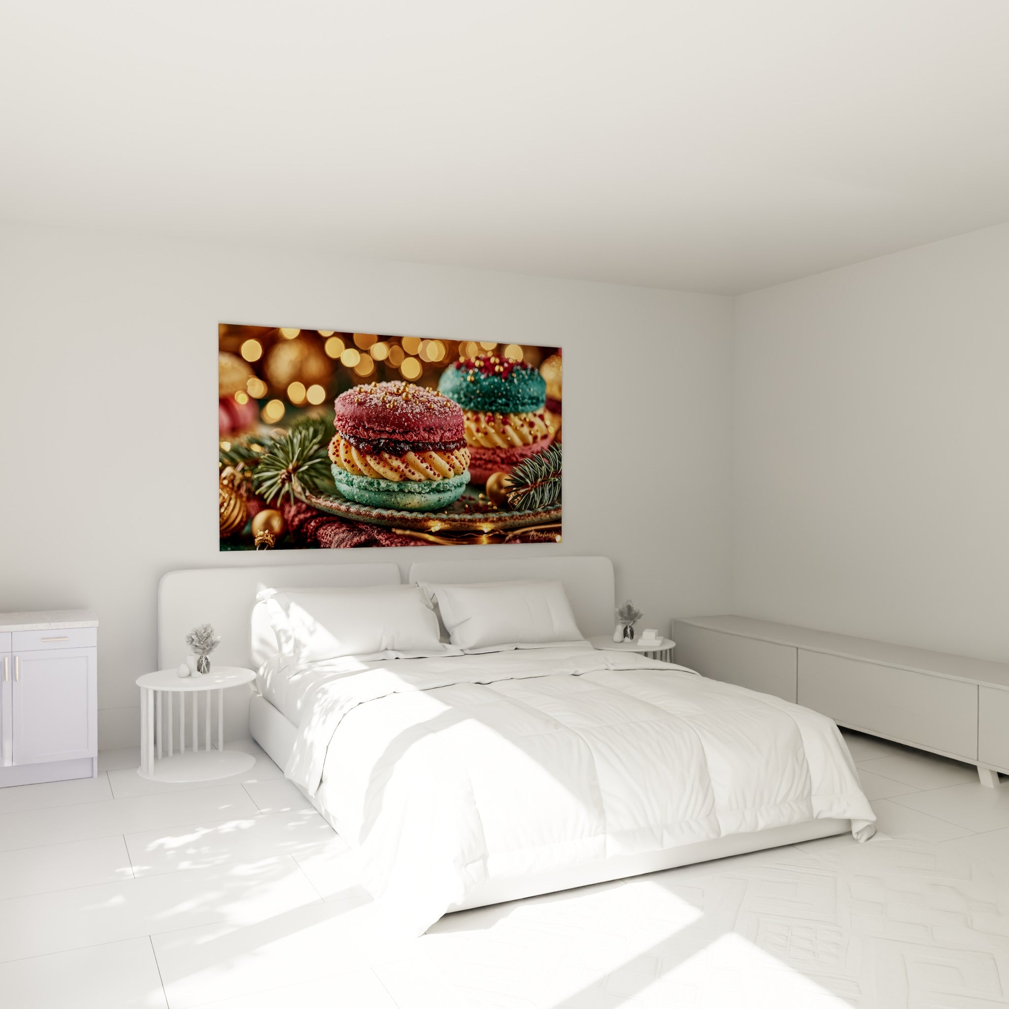 Douceur pâtissière bordeaux et turquoise perlée de dorures au-dessus d'un lit dans une chambre claire
