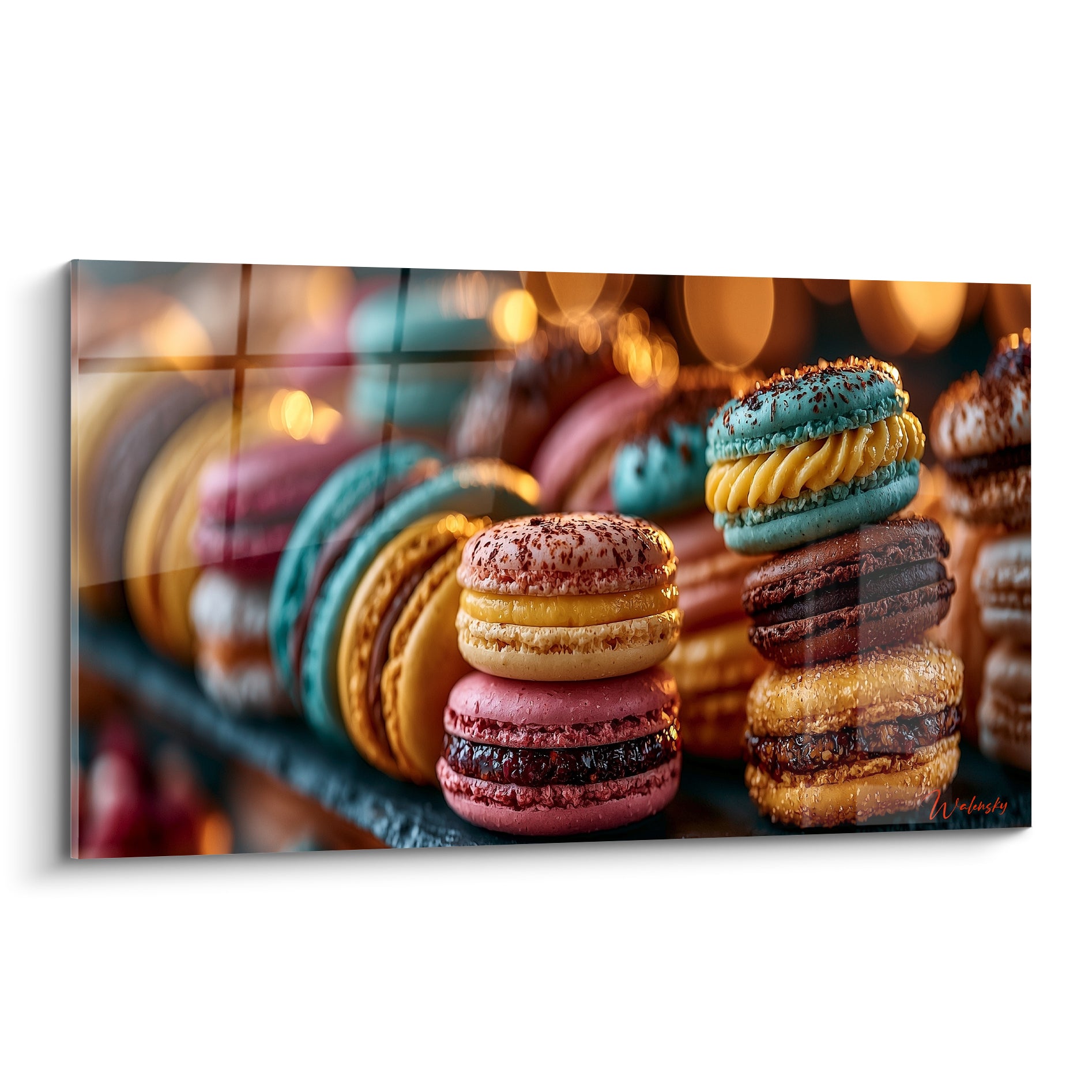Macarons empilés turquoise, rose poudré et doré, garnitures crème visibles en gros plan