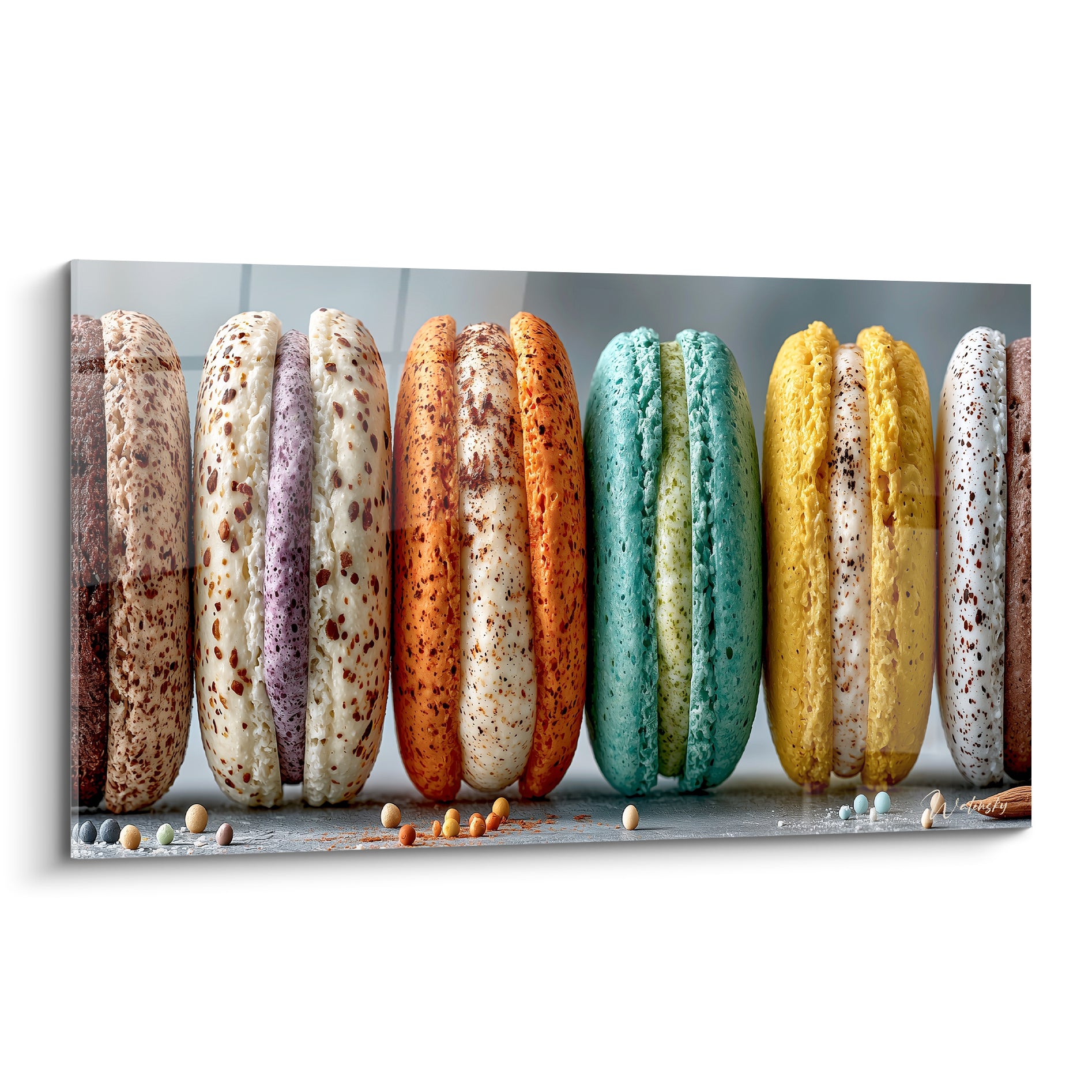 Macarons colorés alignés en gros plan, teintes turquoise, safran et prune mouchetées