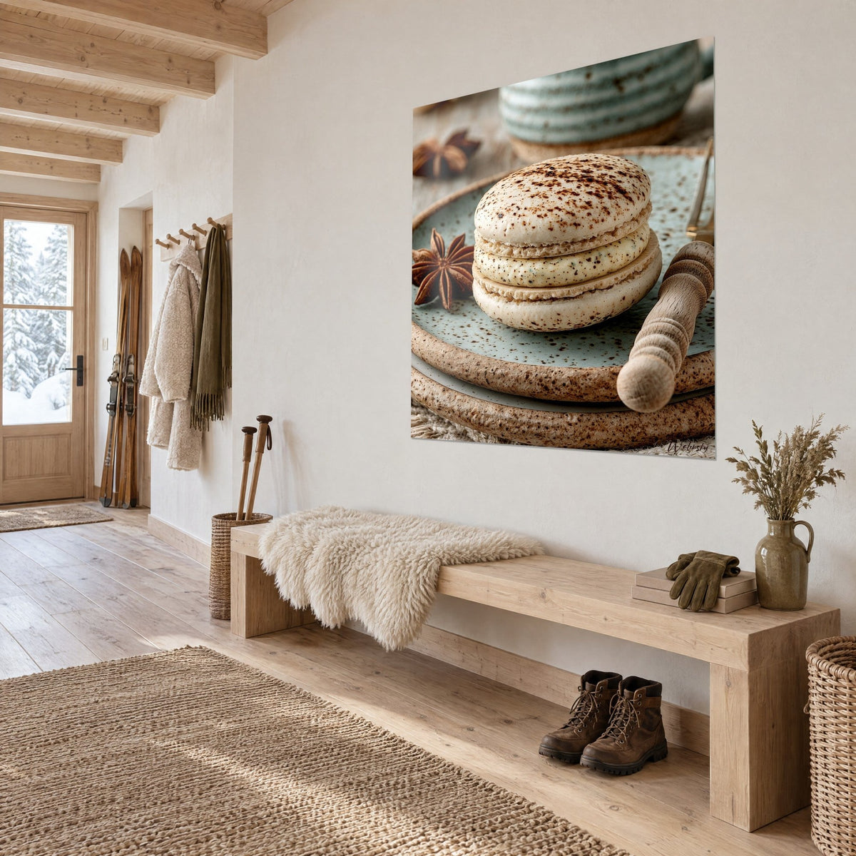 Tableau pâtisserie ronde ivoire saupoudrée de cacao, étoile de badiane brune, vue de trois-quarts, chalet boisé et banc en chêne