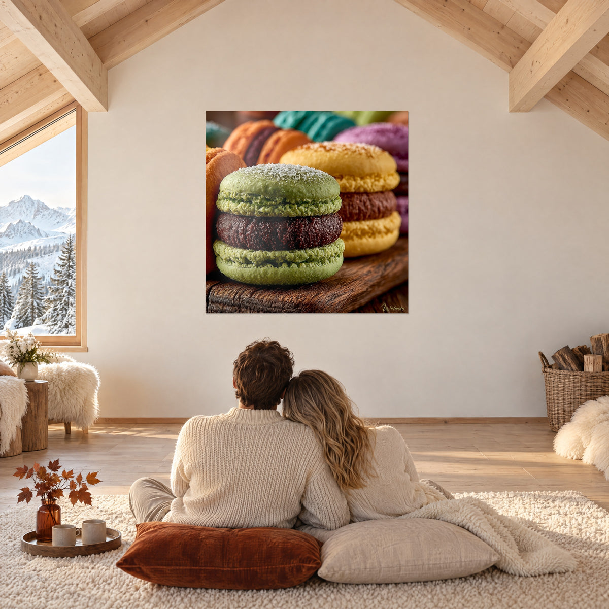 Πίνακας macaron σε ελιάς πράσινο πασπαλισμένο με ξύρισμα καρύδας, μωβ και βουτυρένια κίτρινα macarons στο φόντο, ζευγάρι με την πλάτη σε μαξιλάρια