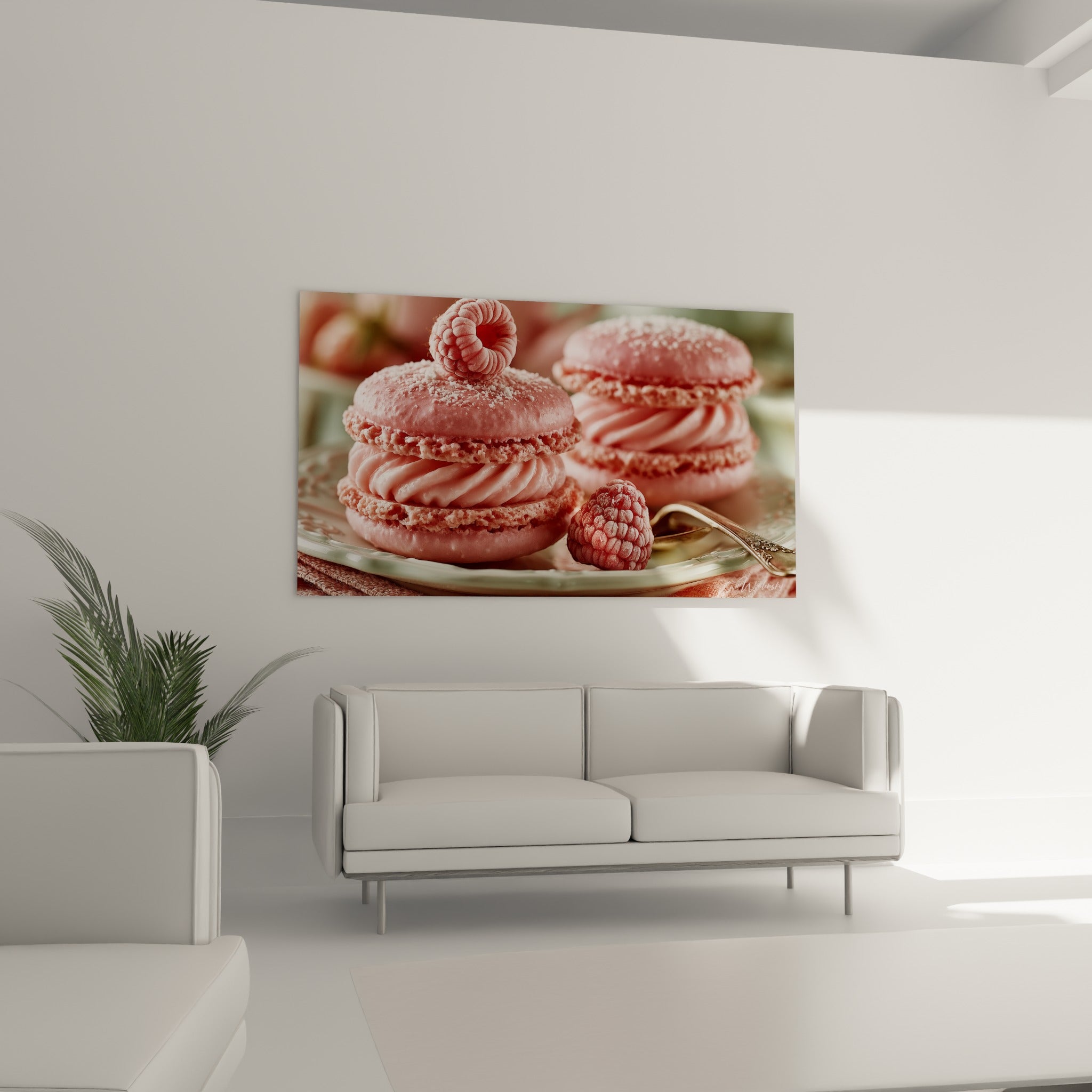 Macaron crème rose et sucre glace blanc, framboise givrée en couronne, au-dessus d'un canapé dans un salon lumineux