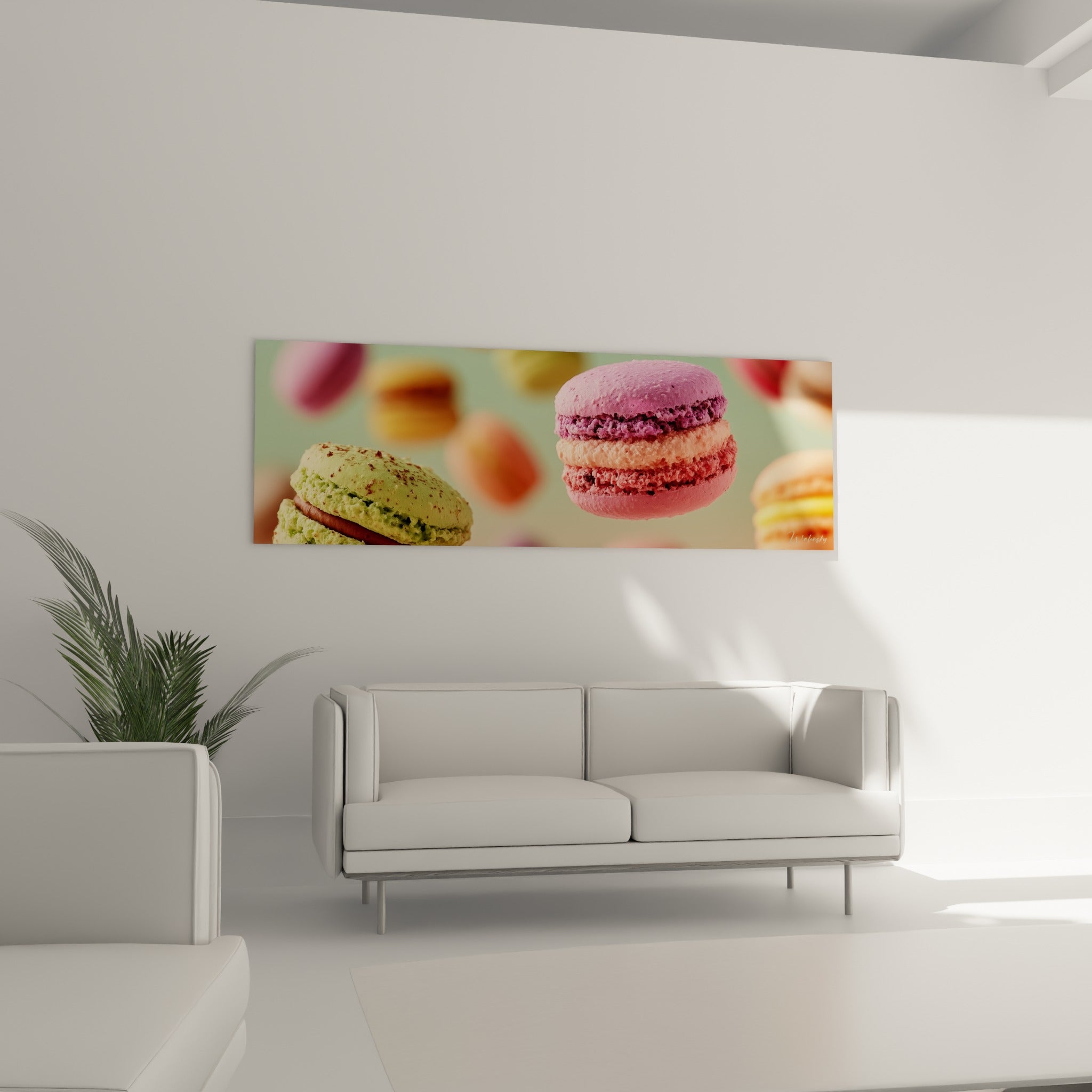 Biscuits gourmands vert pistache et rose corail accrochés au-dessus d'un canapé dans un salon lumineux