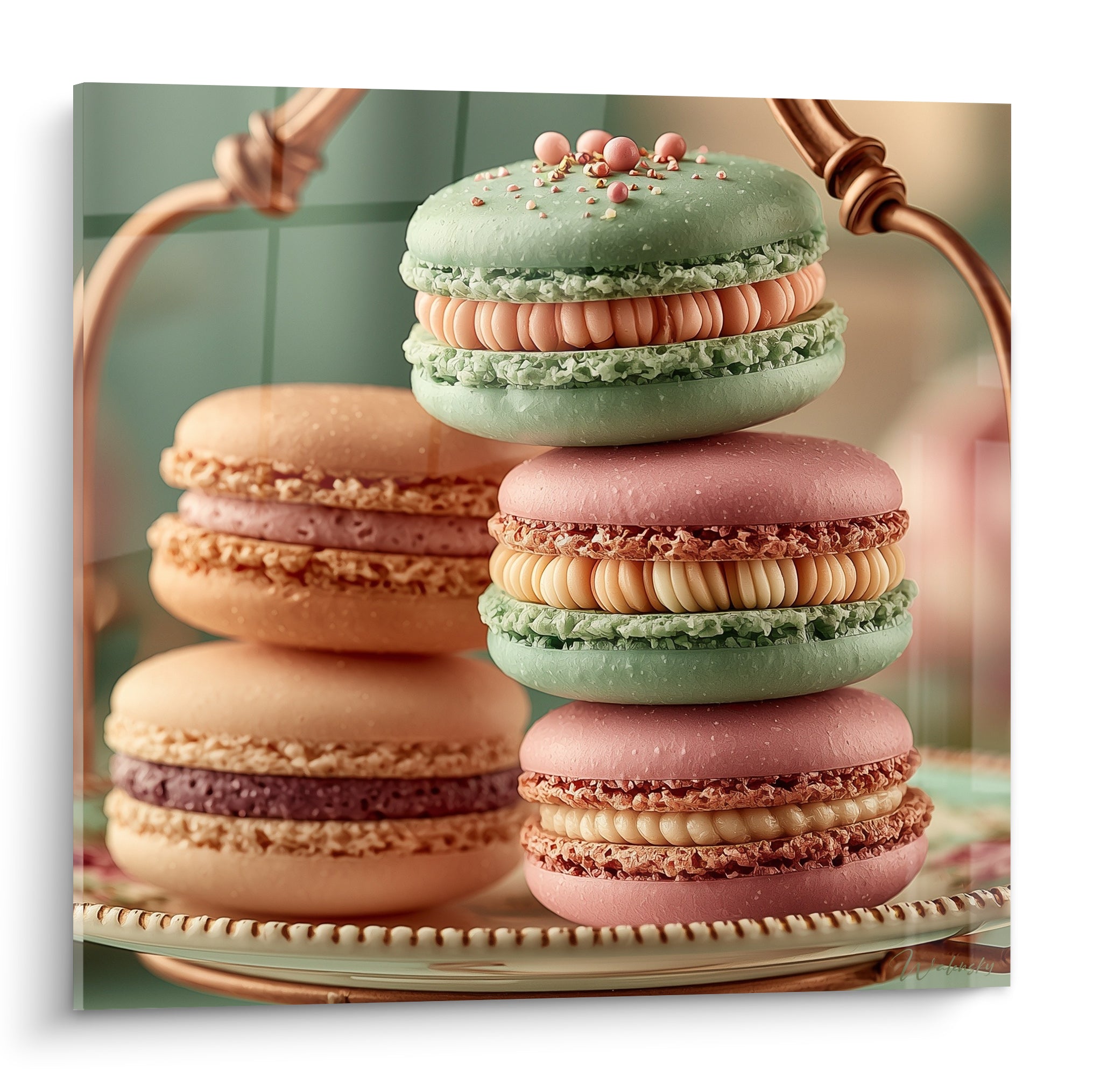 Macarons empilés vert pistache et rose poudré sur présentoir doré aux coques craquelées