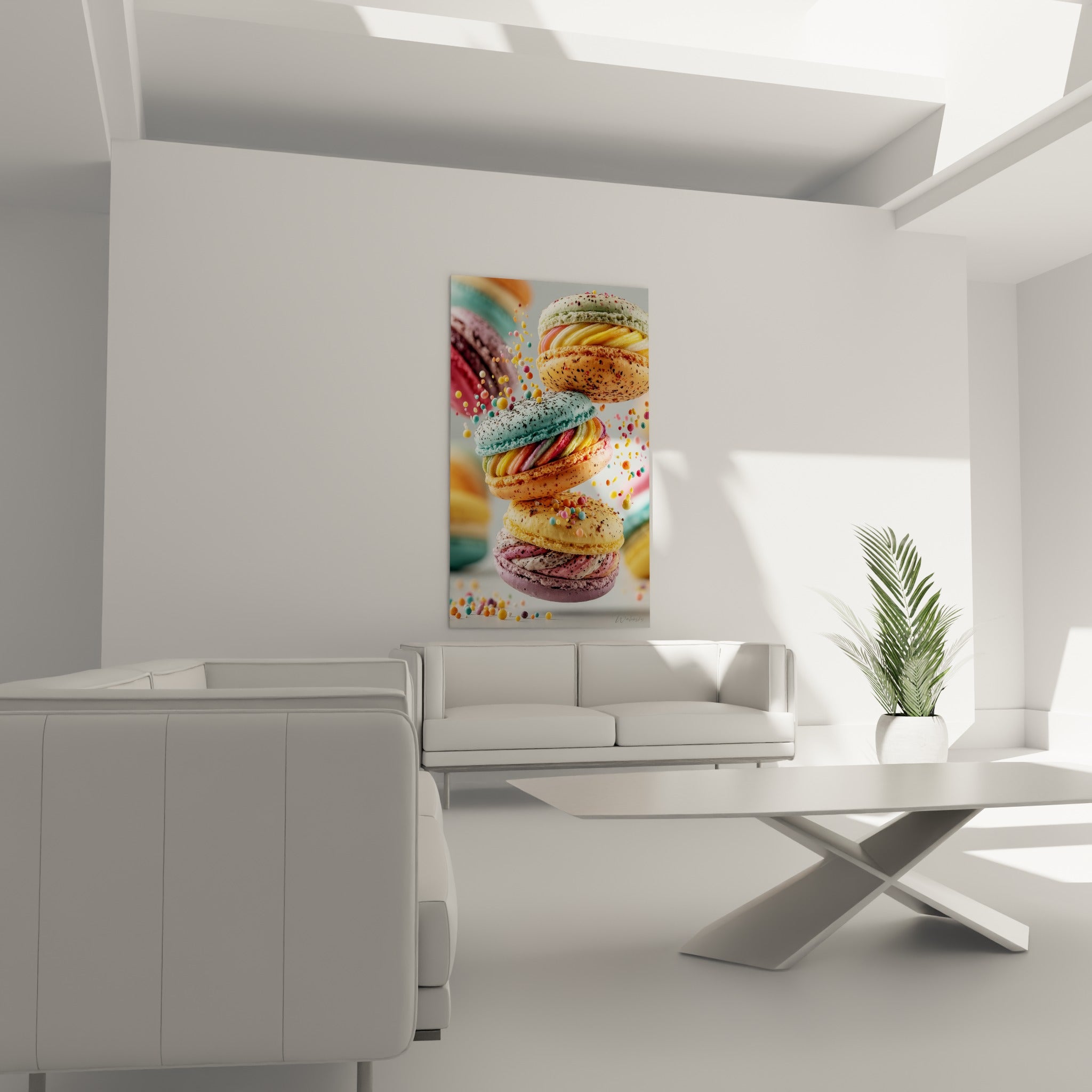 Macarons colorés vert pistache et rose suspendus, affichés au-dessus d'un canapé dans un salon lumineux