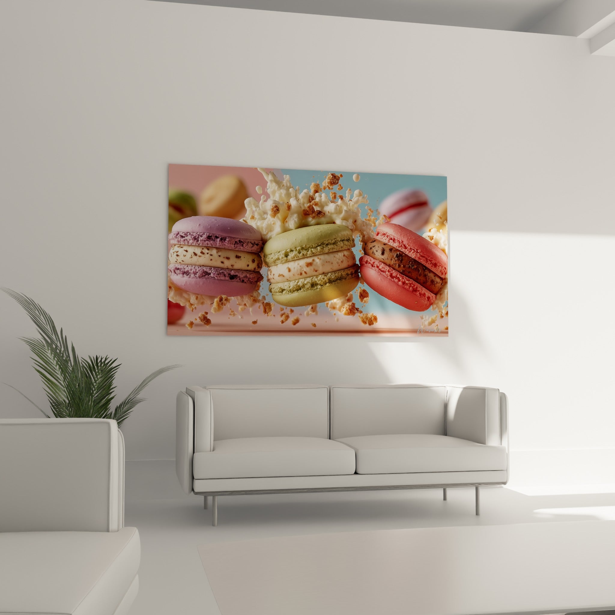 Trio de macarons colorés en plein éclat de lait et miettes dorées au-dessus d'un canapé dans un salon lumineux