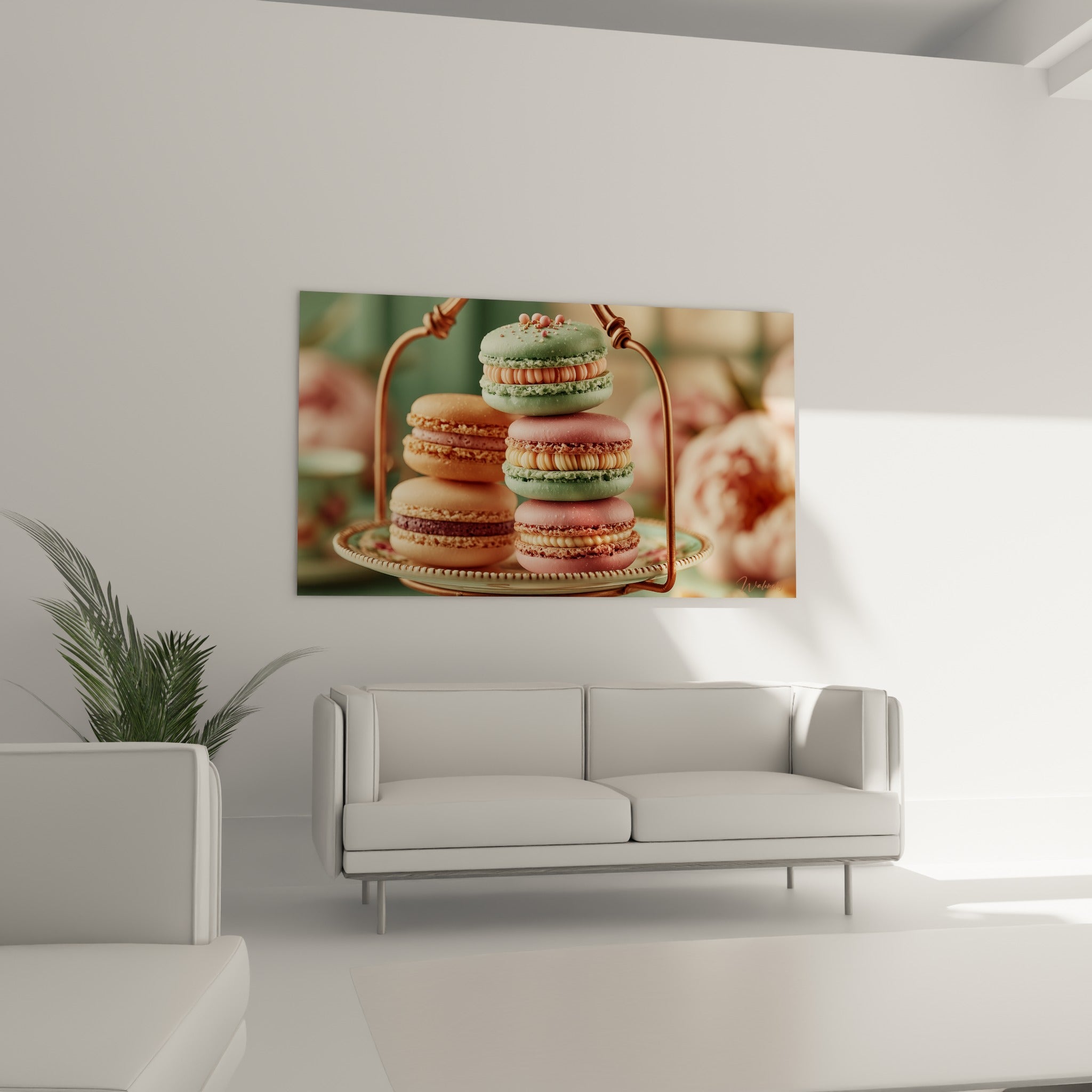 Macarons pêche et rose empilés sur socle cuivré, au-dessus d'un canapé dans un salon lumineux