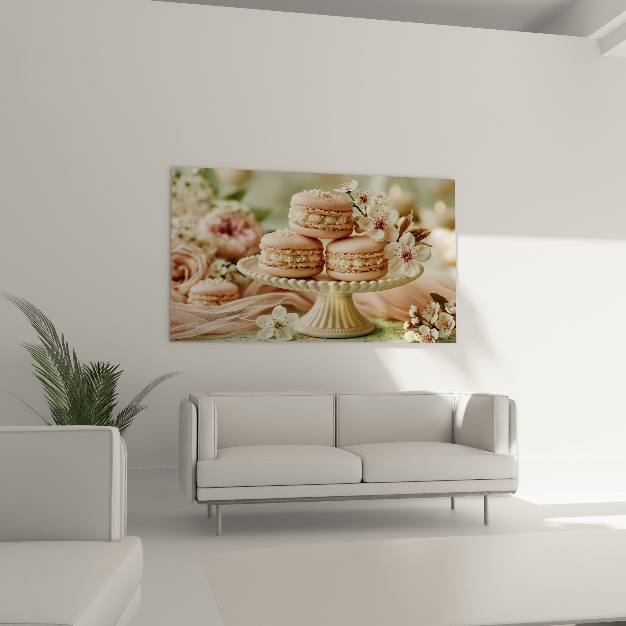 Macarons roses et fleurs blanches sur présentoir en céramique, au-dessus d'un canapé dans un salon lumineux