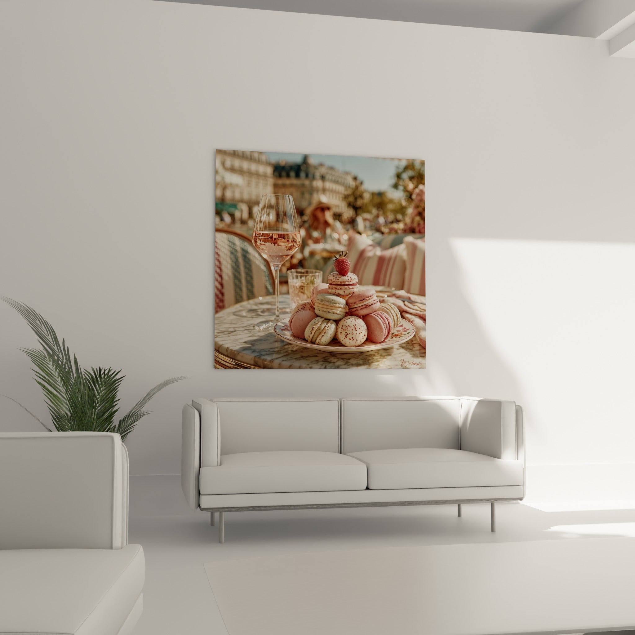 Assiette de macarons pastel et verre de vin rosé, au-dessus d'un canapé dans un salon lumineux