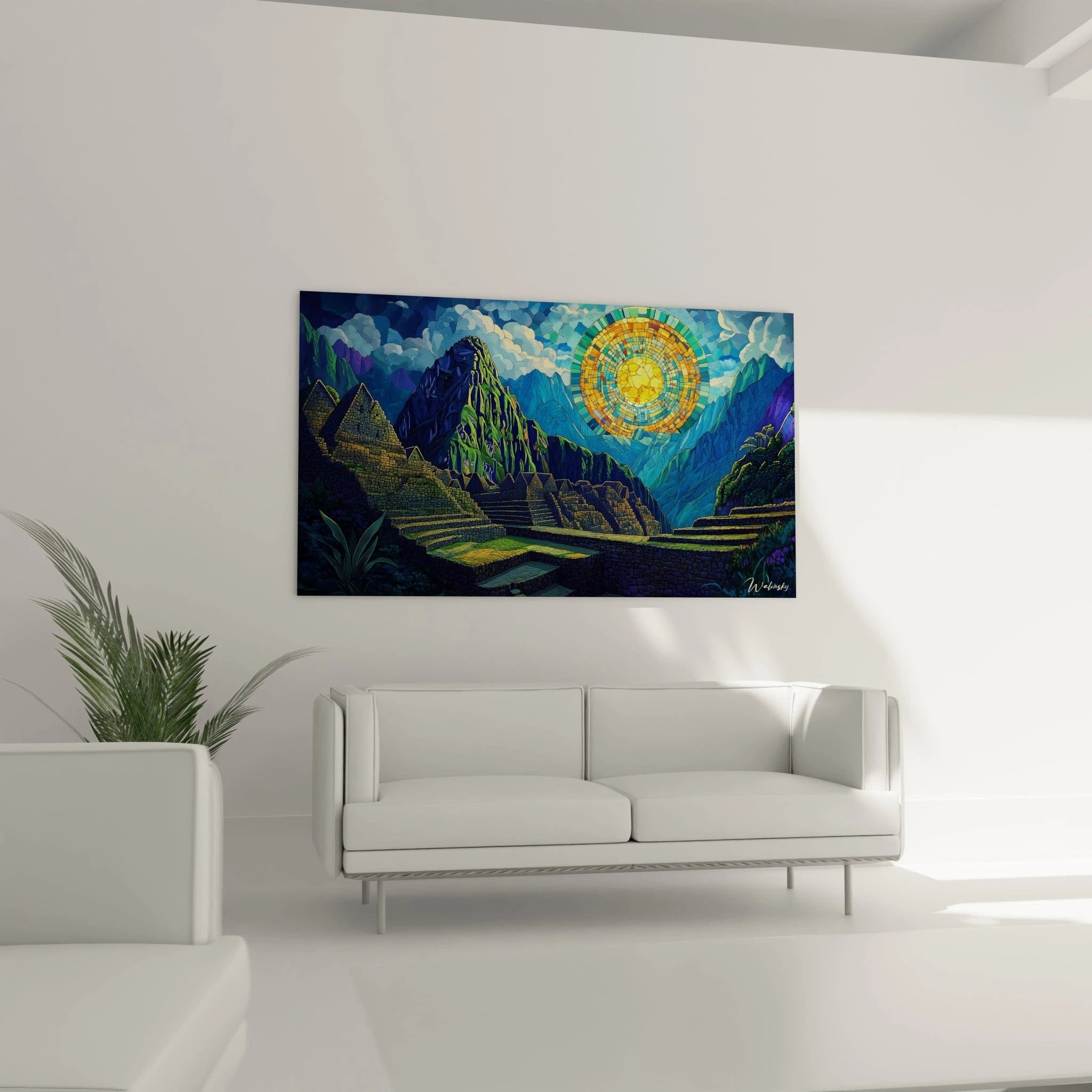 Un tableau Machu Picchu en style vitrail présentant l'ancienne cité inca avec ses terrasses caractéristiques, surplombée par des montagnes bleues et un soleil mandala orange et doré, utilisant une technique de compartimentage des couleurs qui évoque les fragments de verre coloré.