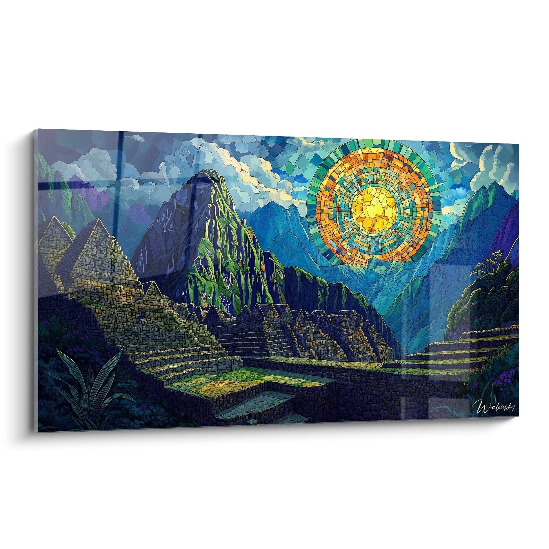 Un tableau artistique représentant Machu Picchu avec un soleil stylisé en vitrail, dominé par des teintes de bleu profond, vert émeraude et or éclatant, offrant un effet mosaïque lumineux avec des contours nets évoquant les plombs d'un véritable vitrail.