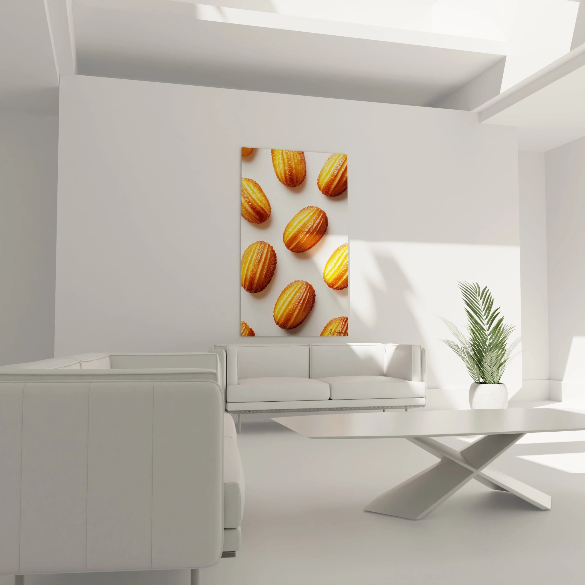 Un tableau madeleine capturant des pâtisseries alignées sur fond clair, avec des tons orange et beige, des effets de lumière douce et des détails texturés visibles sur la croûte.